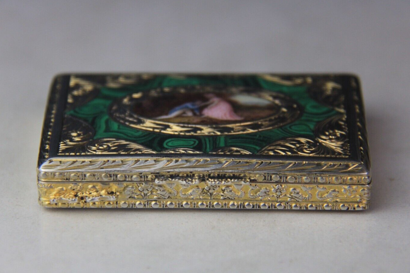 German Parcel Gilt 800 Silver & Enameled Rectangular Snuff Box w/ Courting Scene
