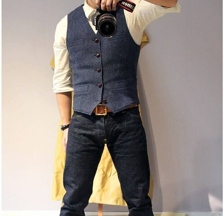 Mens Tweed Vest Western Cowboy Groom Bestman Formal Waistcoat M Large XL XXL 3XL