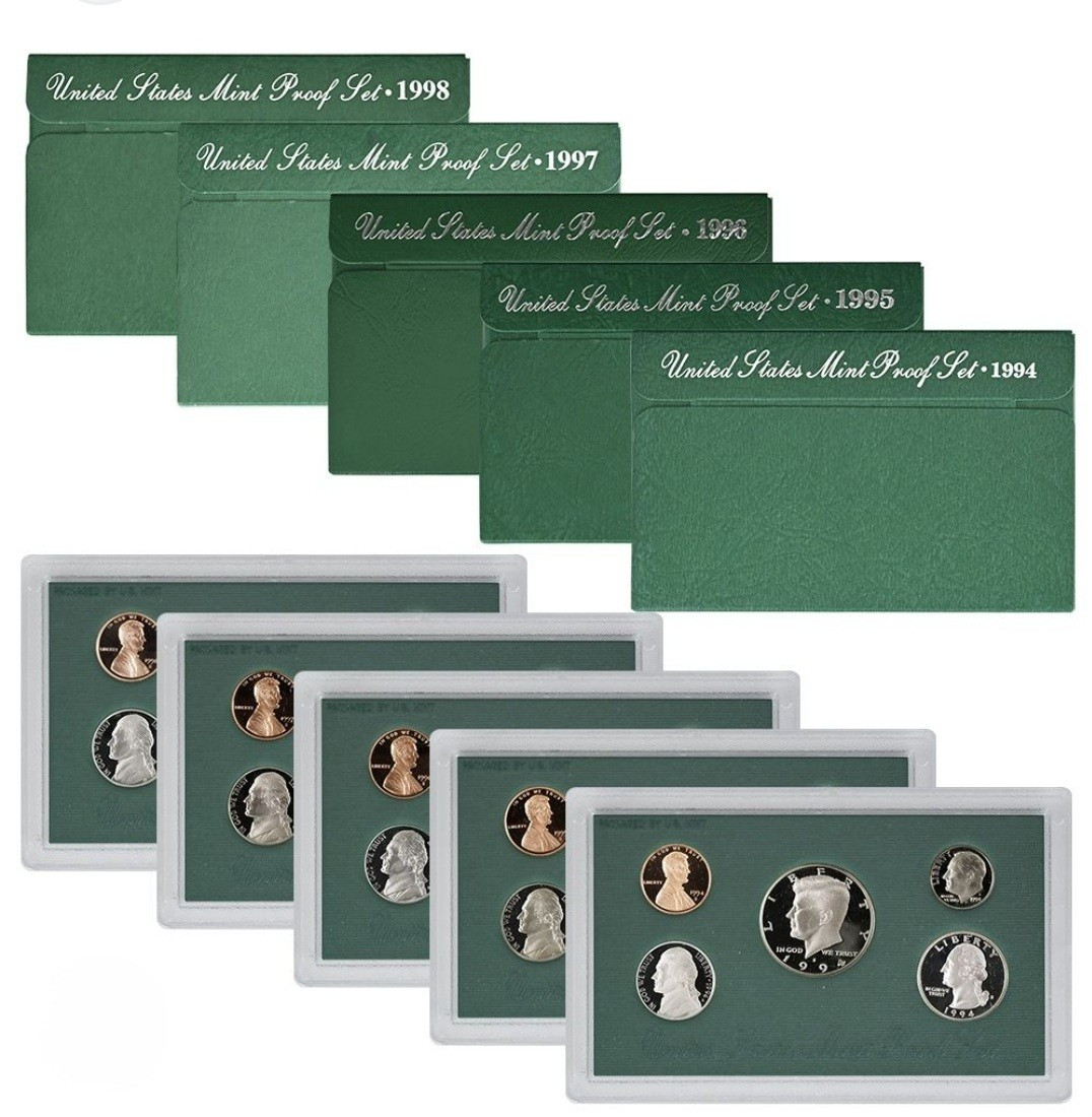 US Mint Proof Set 1994-1998 Lot Green Box w/ COAs Uncirculated Coins Estate Lot