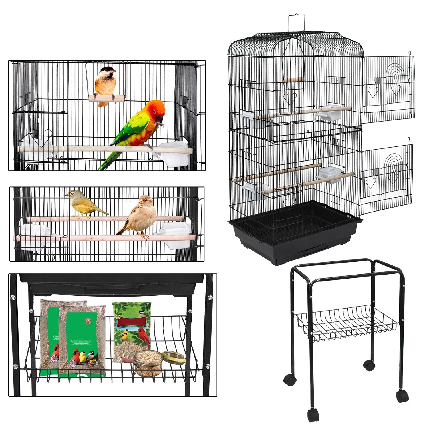 59'' Bird Cage with Rolling Stand Cockatiel Parakeet Finch Parrot Birdcage Black