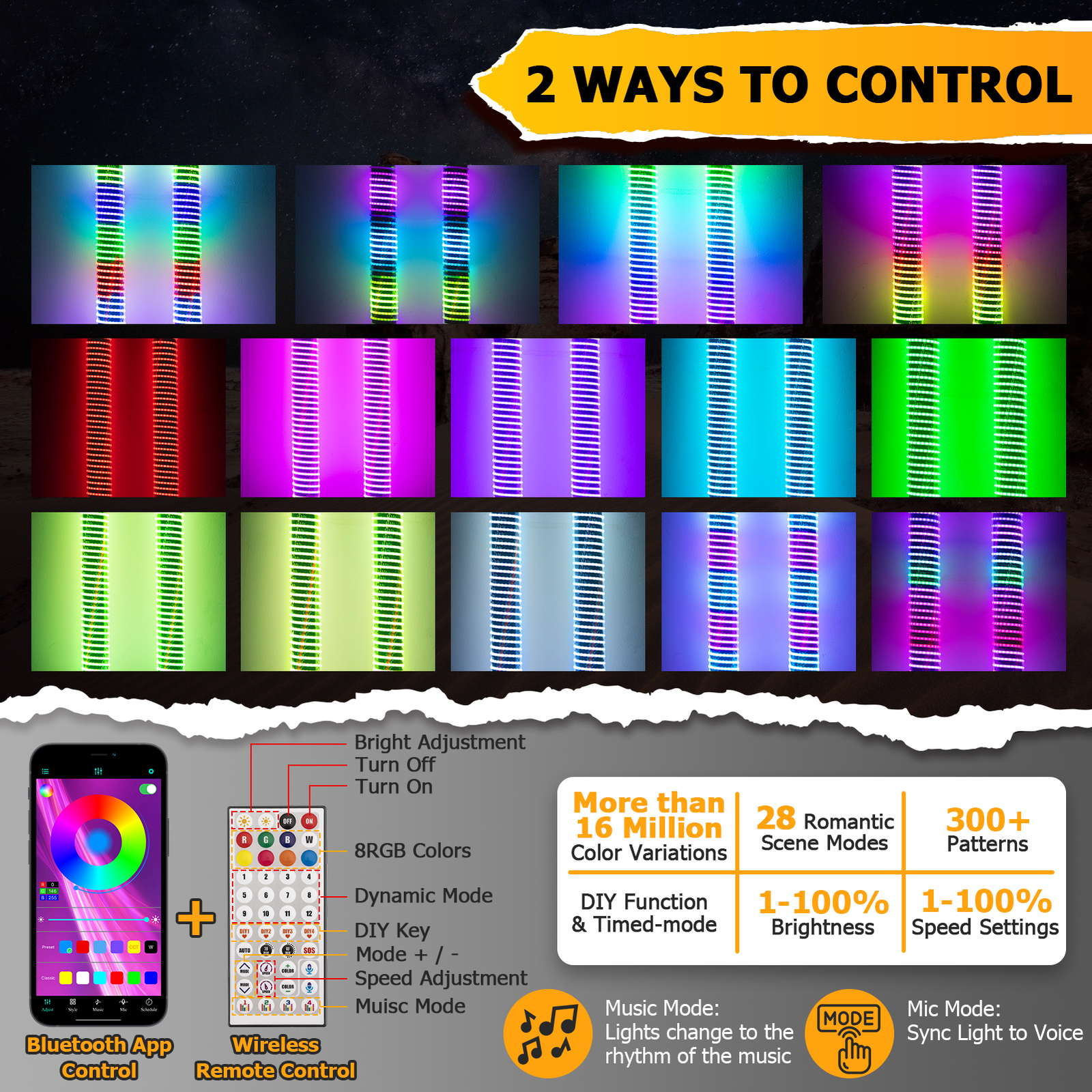 2x 2FT COB Thick LED Whip Spiral Chasing RGB Fat Whip Lights For Can Am Polaris