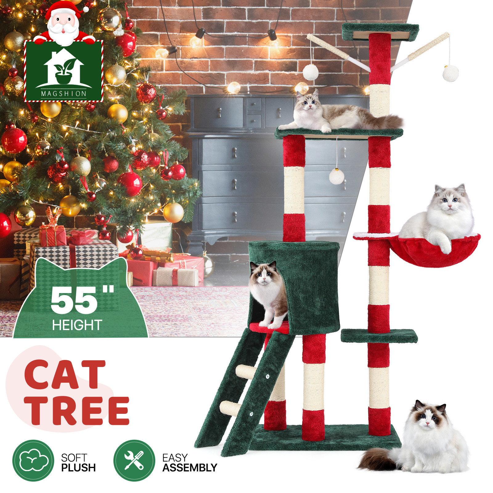 55 Inch Indoor Christmas Cat Tree Cat Tower Cat Crawl Cat Nest Party Xmas D��cor