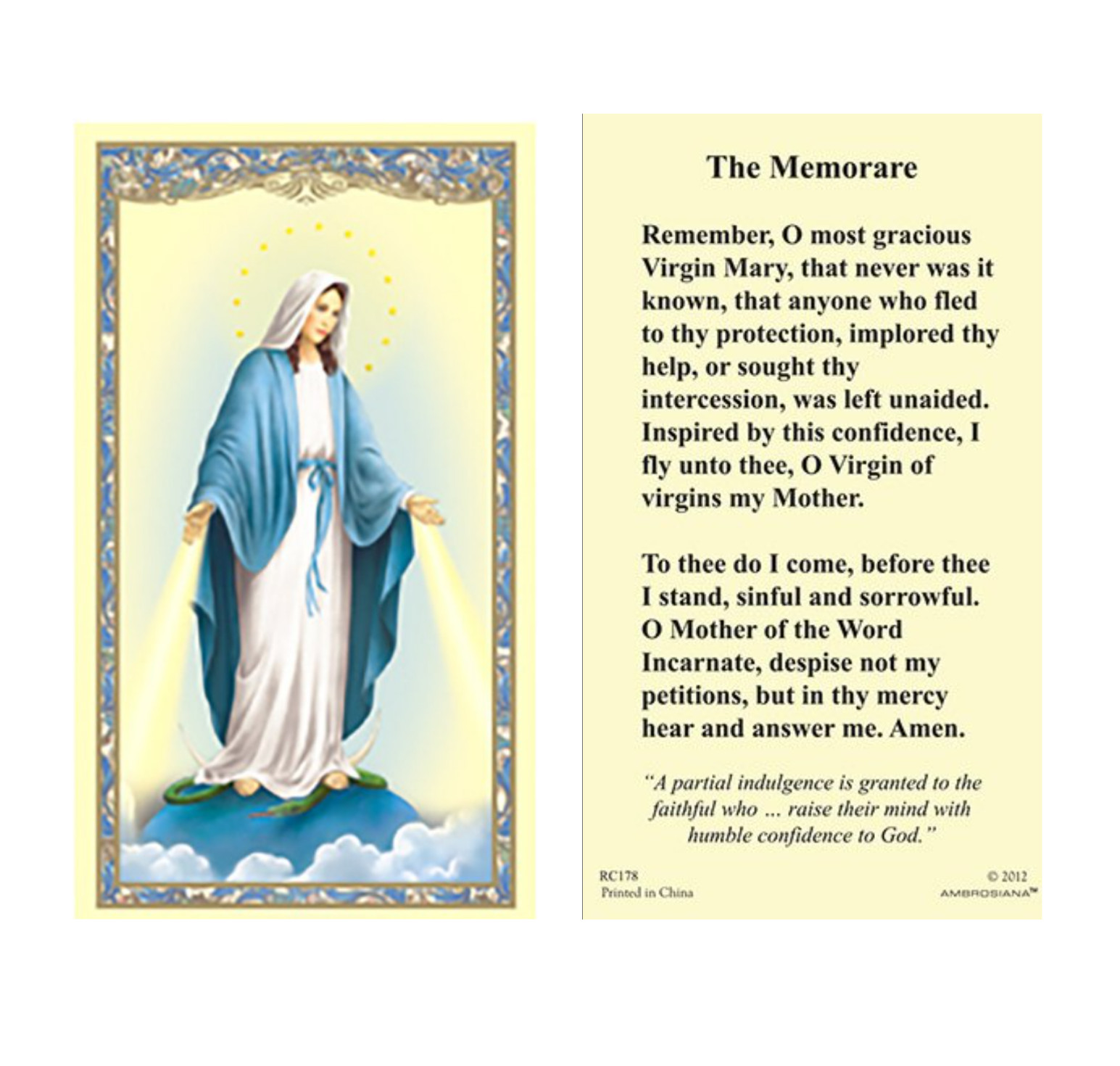 (2 copies) The Memorare Prayer Holy Card Our Lady of Grace Mary Catholic