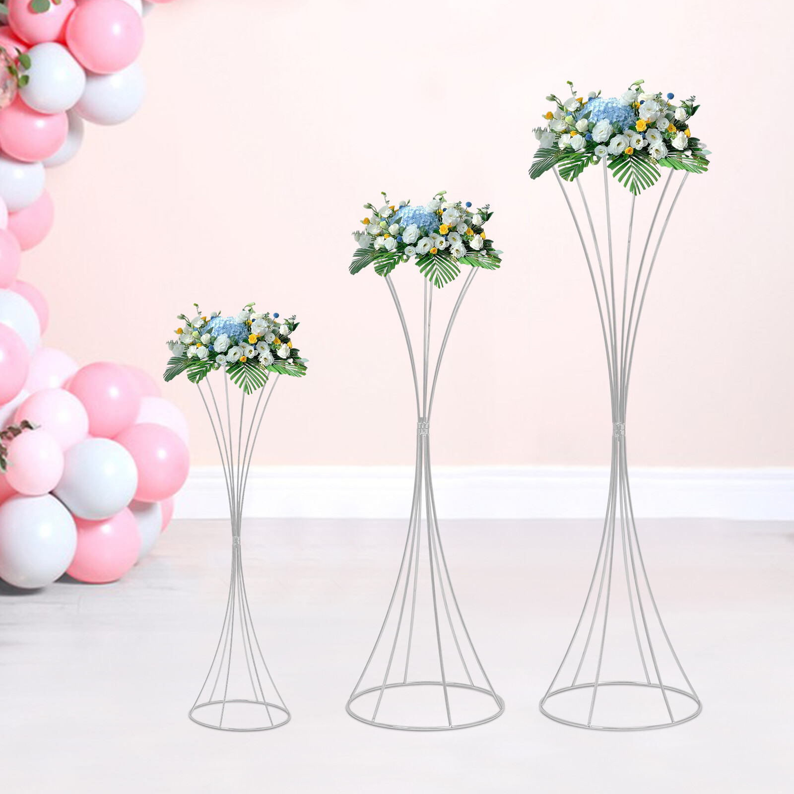3pcs Modern Flower Stands Hourglass Shape Flower Stand Iron For Party Silver New