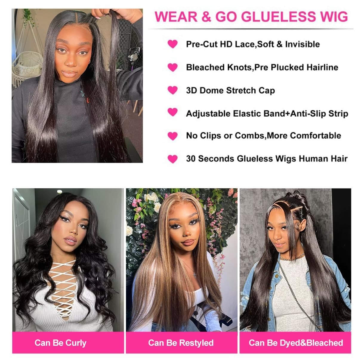 Straight Glueless Wigs Human Hair Pre Plucked Pre Cut 4x4 HD Lace Closure Wigs