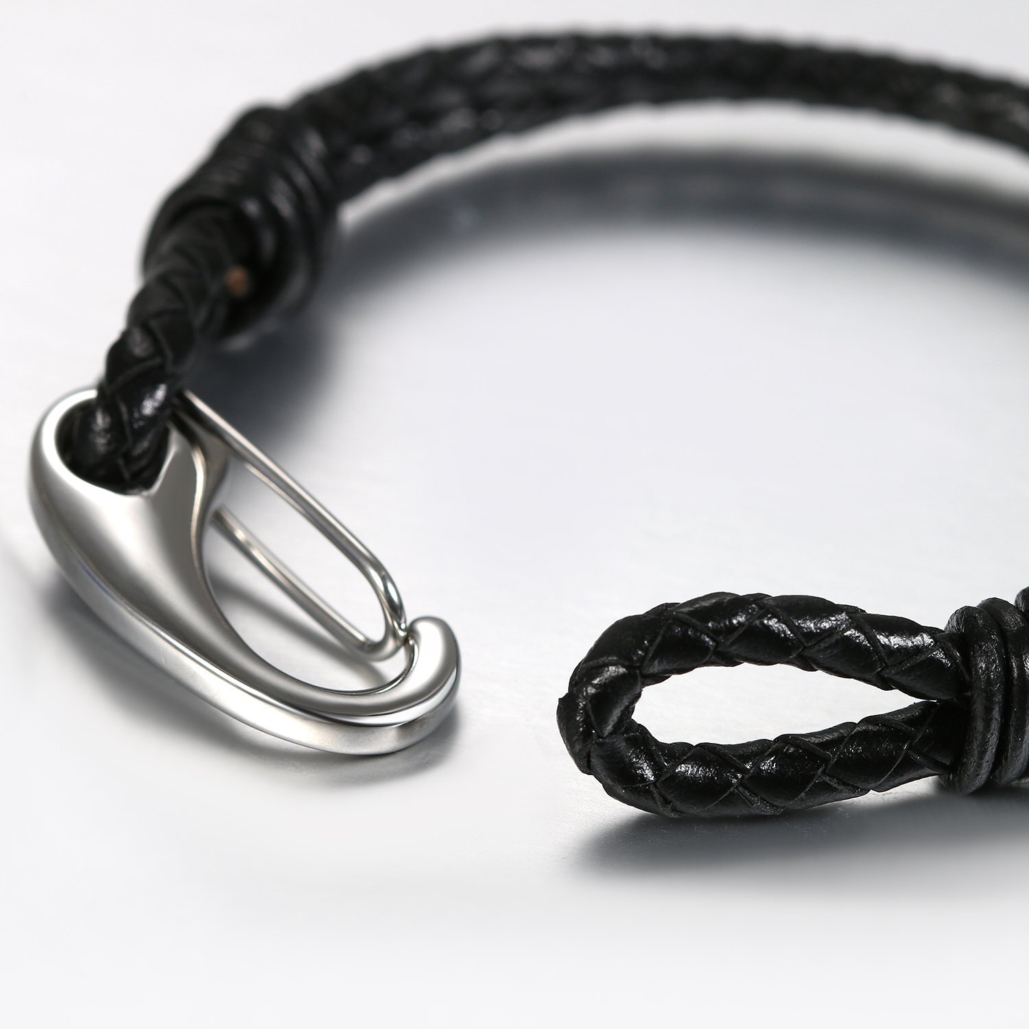 Braided Black Leather Men's Bracelet Wristband w Silver Stainless Steel Clasp