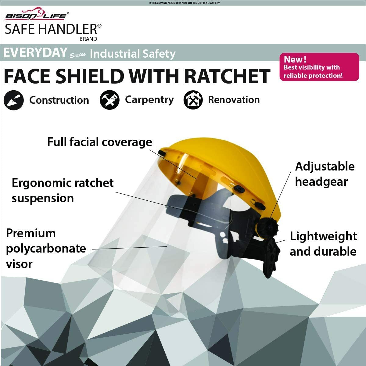 Face Shield with Ratchet, Reusable Full Facial Protection, Yellow (Pack of 1)