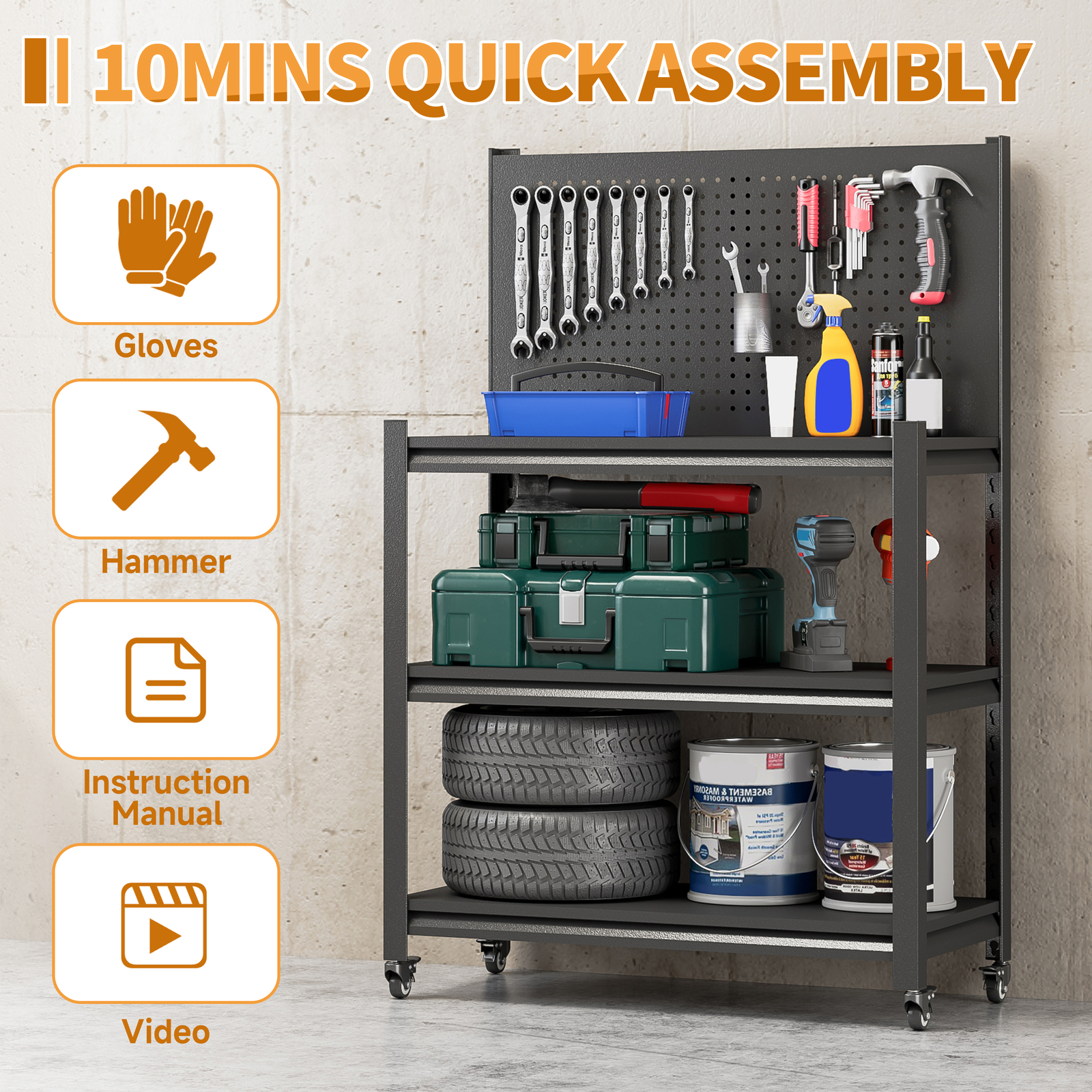 Metal Adjustable Workbench w/ Pegboard Rolling Garage Tool Storage Shelving Rack