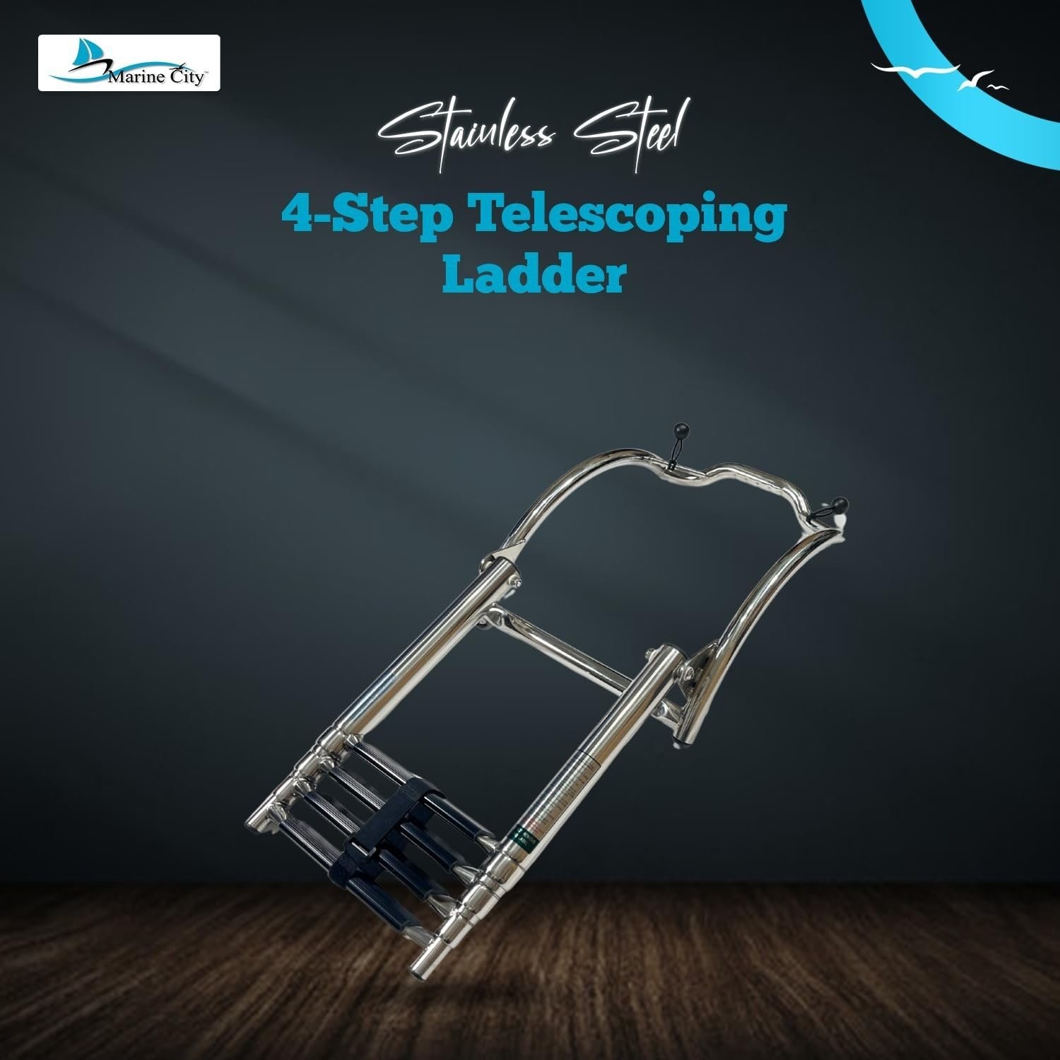 MARINE CITY 4-Step Telescoping Ladder 316 Stainless Steel Curved Mount for RIBs