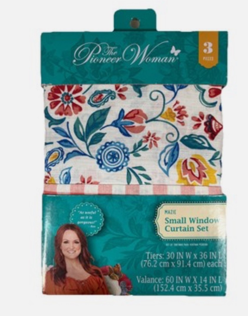Pioneer Woman Mazie Small Window Curtain Set 3Pc Tiers 30"Wx36"L Plus Valance