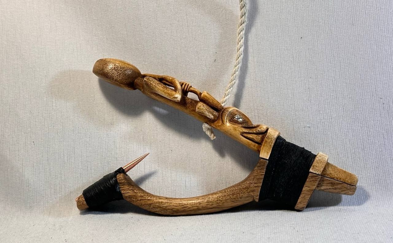 Wolf and Beaver Totem Halibut Hook, Shell Inlay, Northwest Coast Design