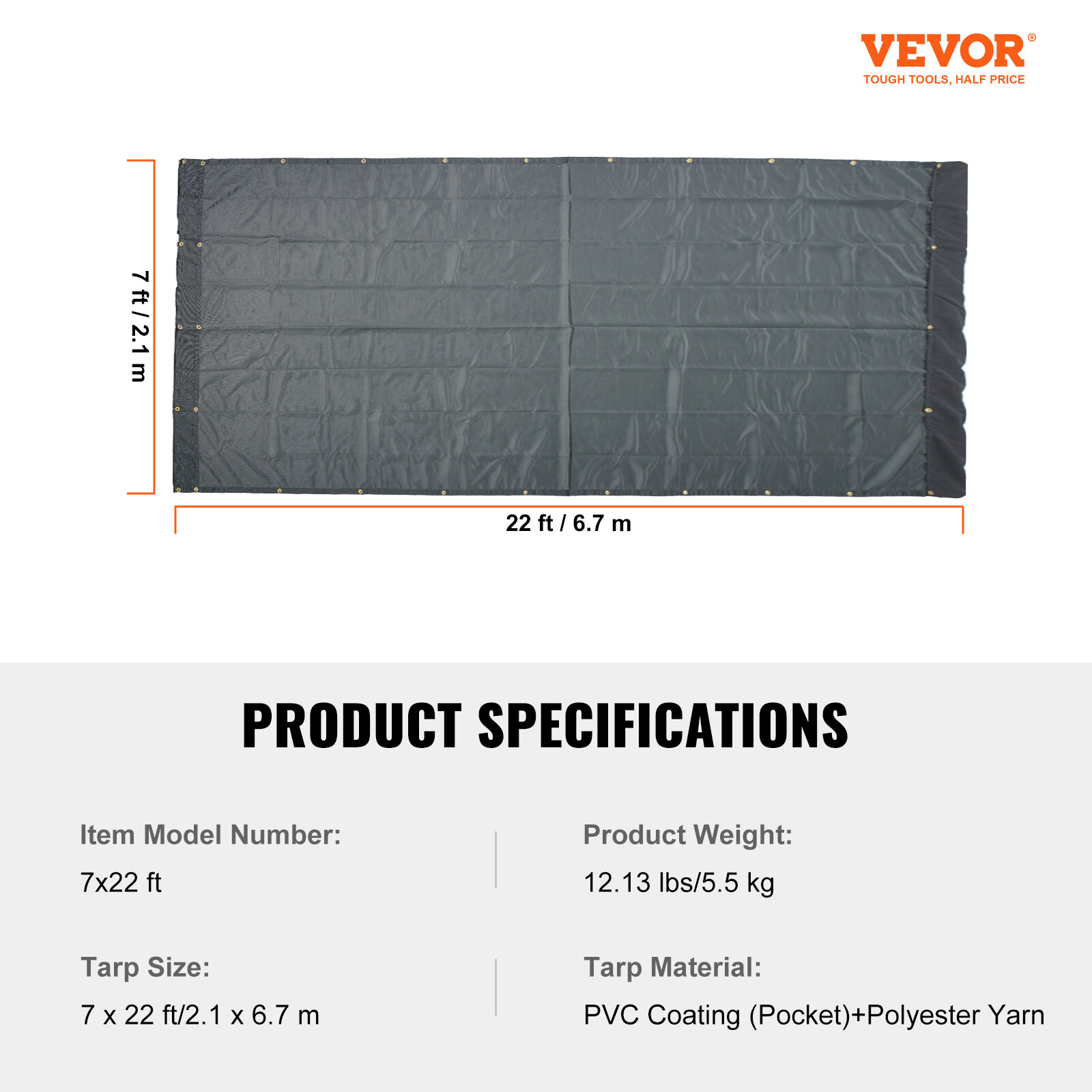 VEVOR Dump Truck Tarp Mesh Tarp 7 x 22 ft PVC 18oz Double Pockets Trailer Shade