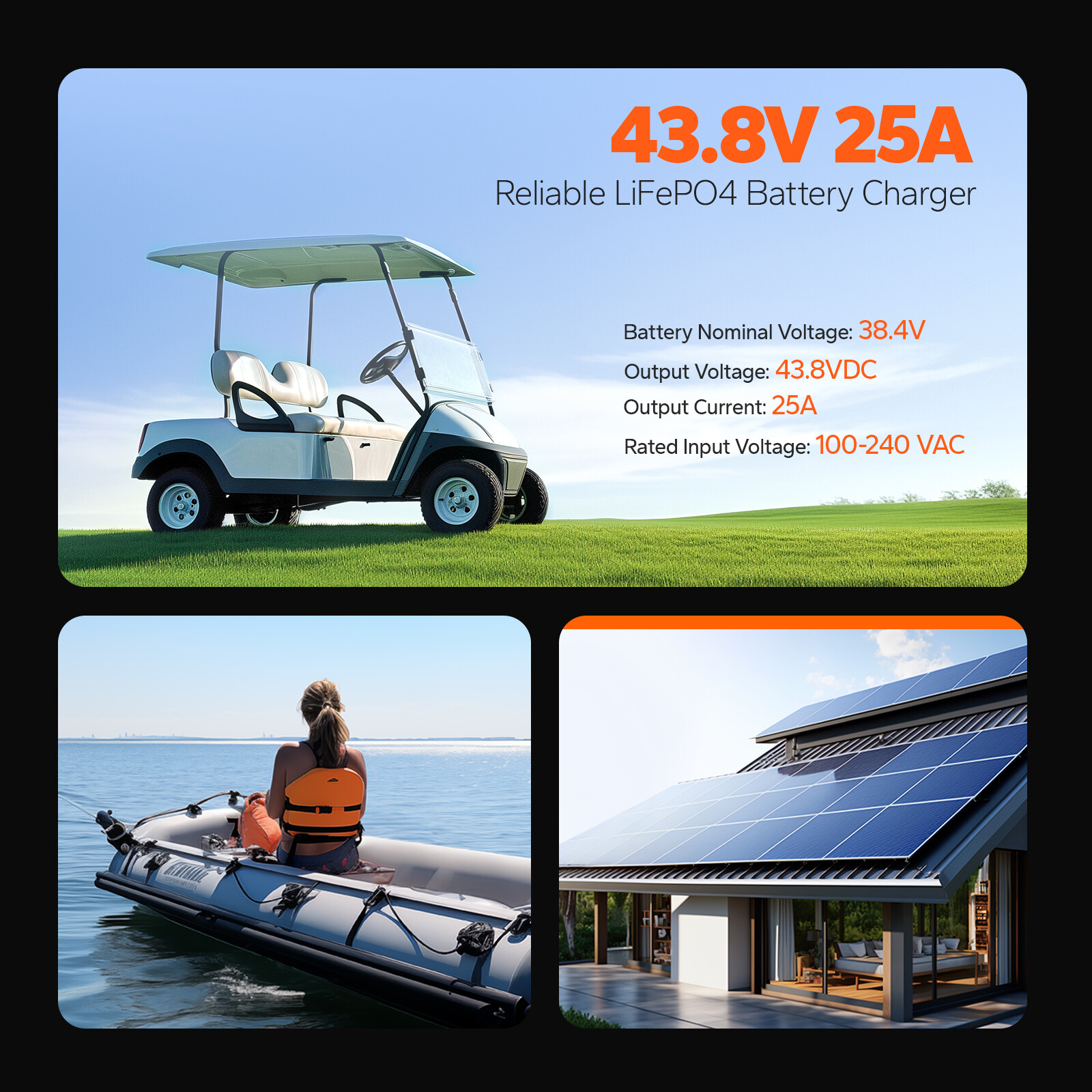 LiTime 36V(43.8V) 25A Smart AC-DC Waterproof Charger for Lithium LiFePO4 Battery