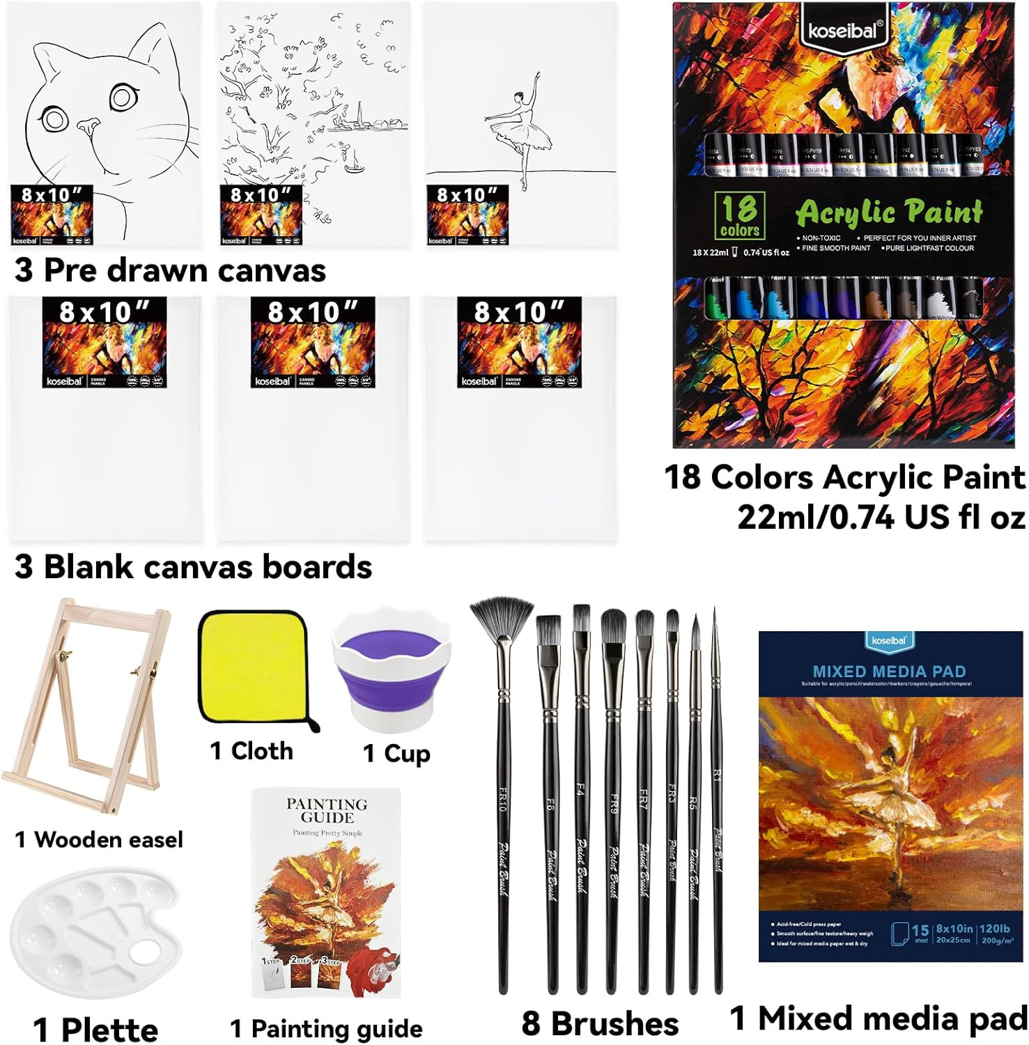 Acrylic Paint Set for Adults & Kids - 37PCS Art Painting Supplies Kit with 18 Co