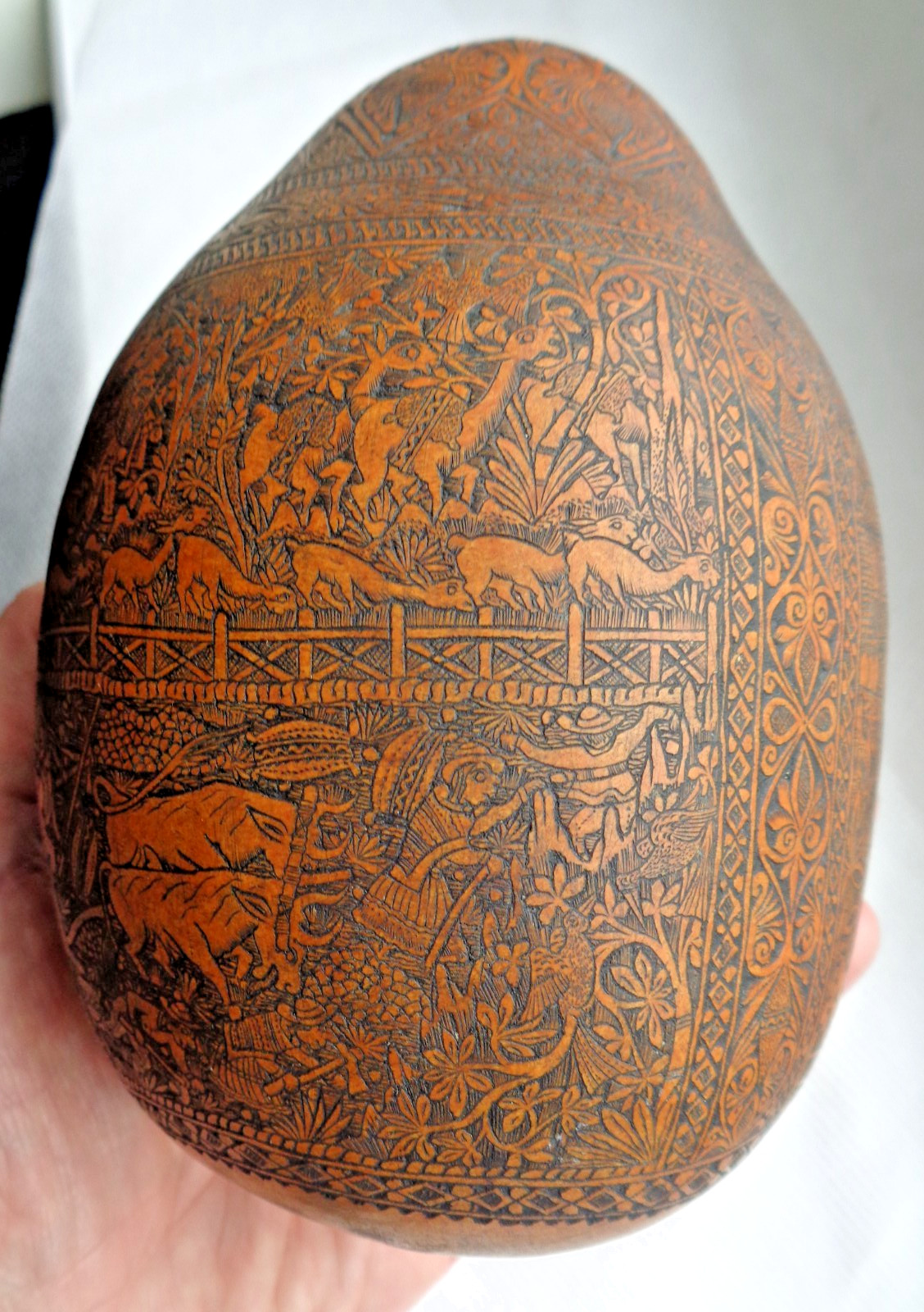 ANTIQUE SOUTH AMERICAN FOLK ART CARVED GOURD BULL FIGHTER, CHURCH, FARMER, LLAMA