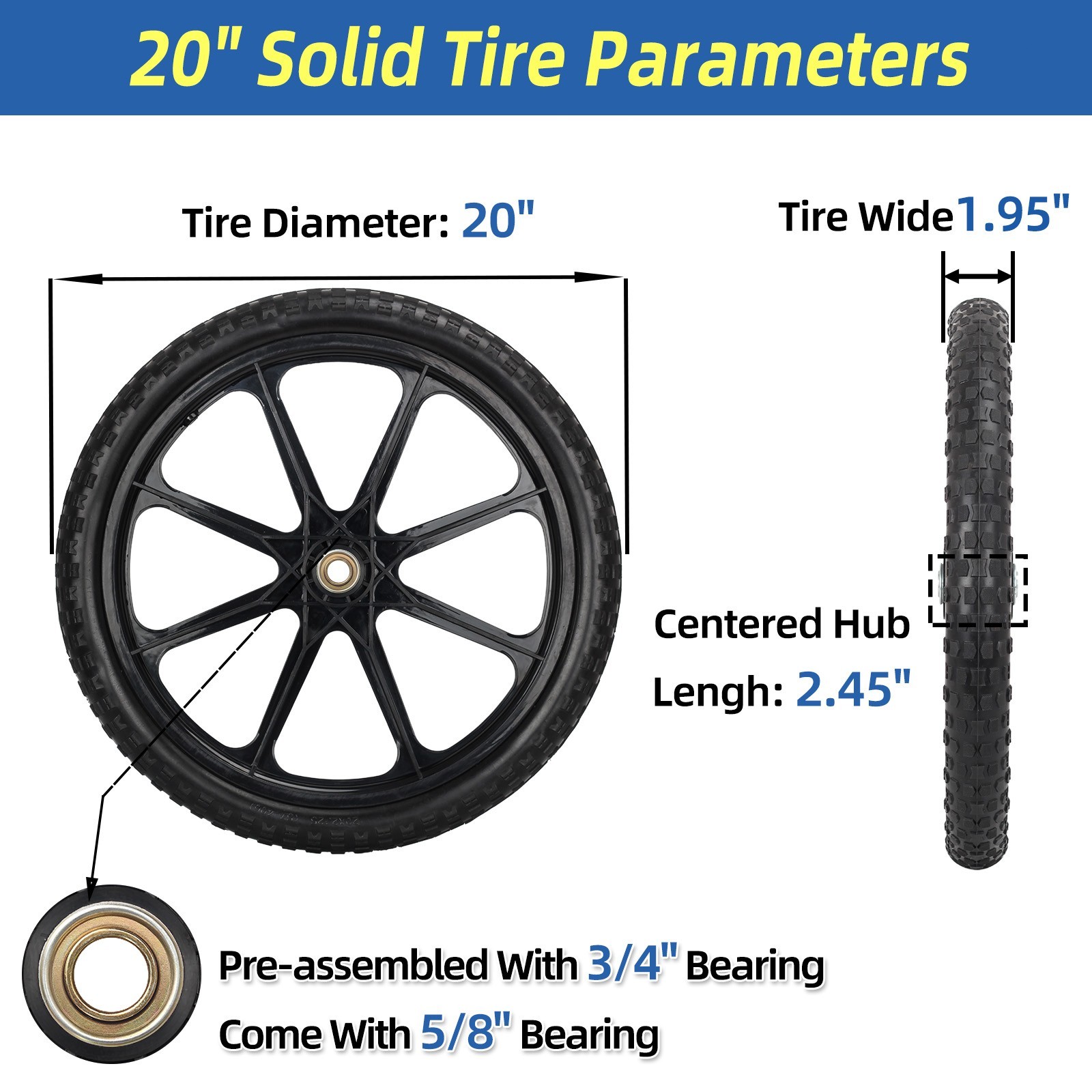 2 Set 20" Flat Free Tire & Wheel For Rubbermaid Wheelbarrow Garden Yard Cart
