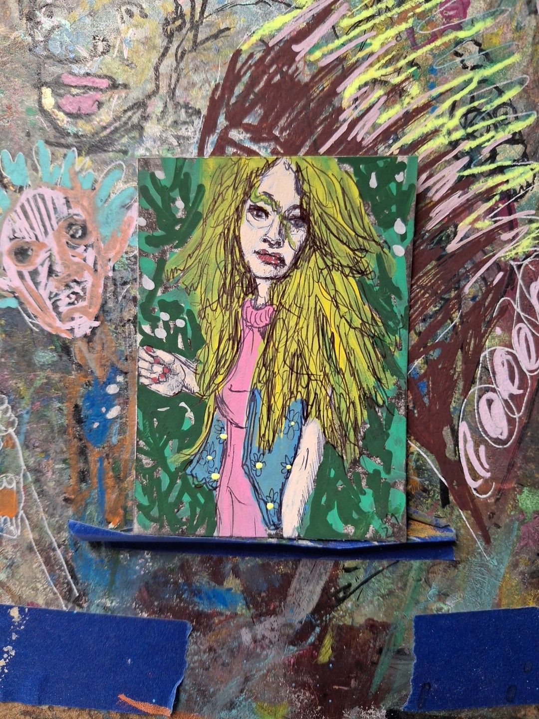 Woman With Thick Bush Behind Her ACEO ATC OOAK ORIGINAL 3.5 x 2.5 inches