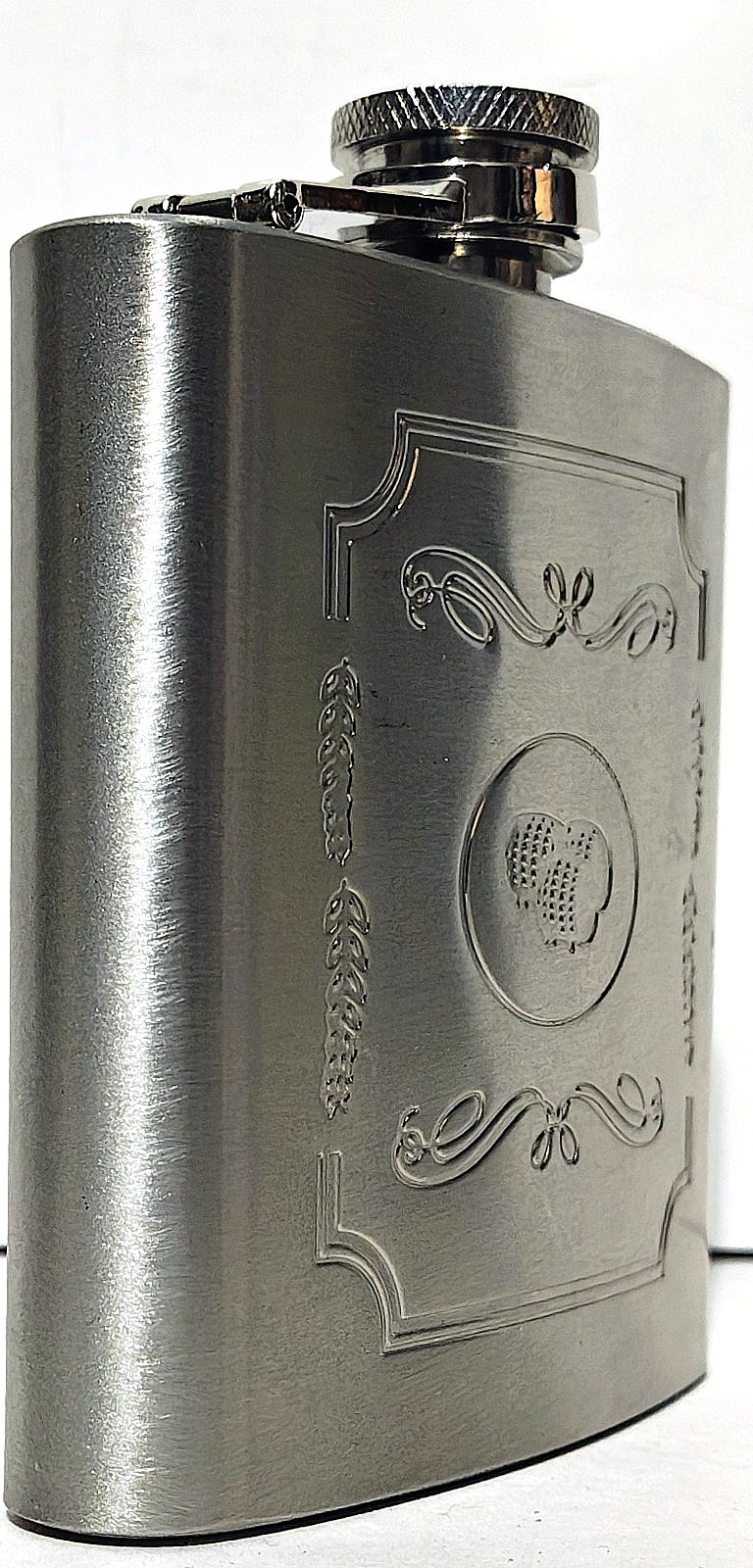 6-ounce Flask - Engraved Barrels Design - Stainless Steel - No Leak Attached Cap