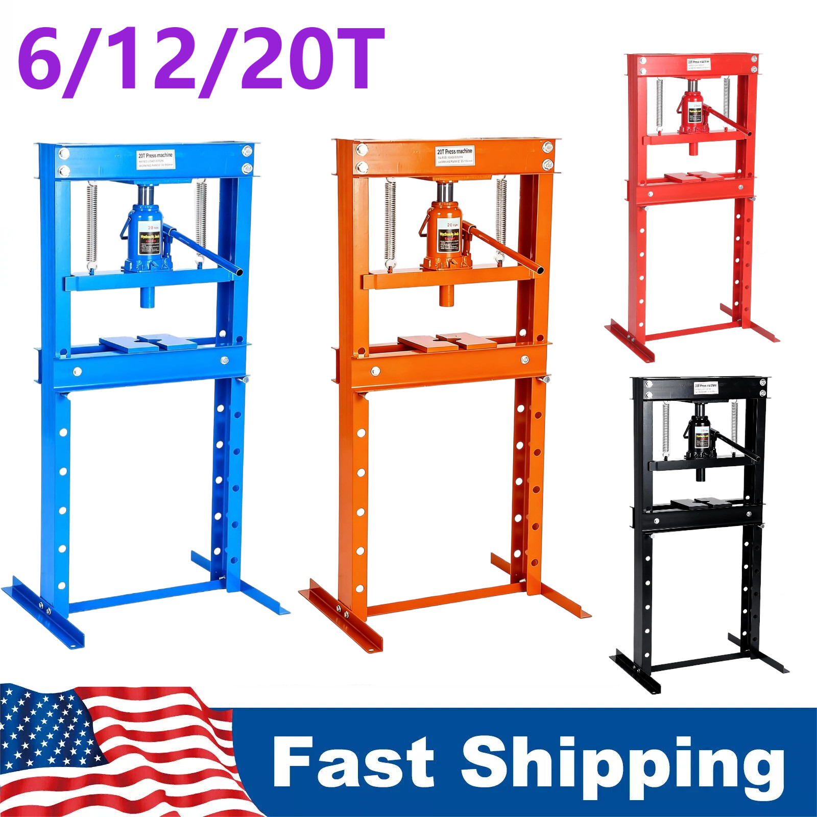 6/12/20 Ton Hydraulic Shop Press,H-Frame Press,Adjustable Height,Movable Plates