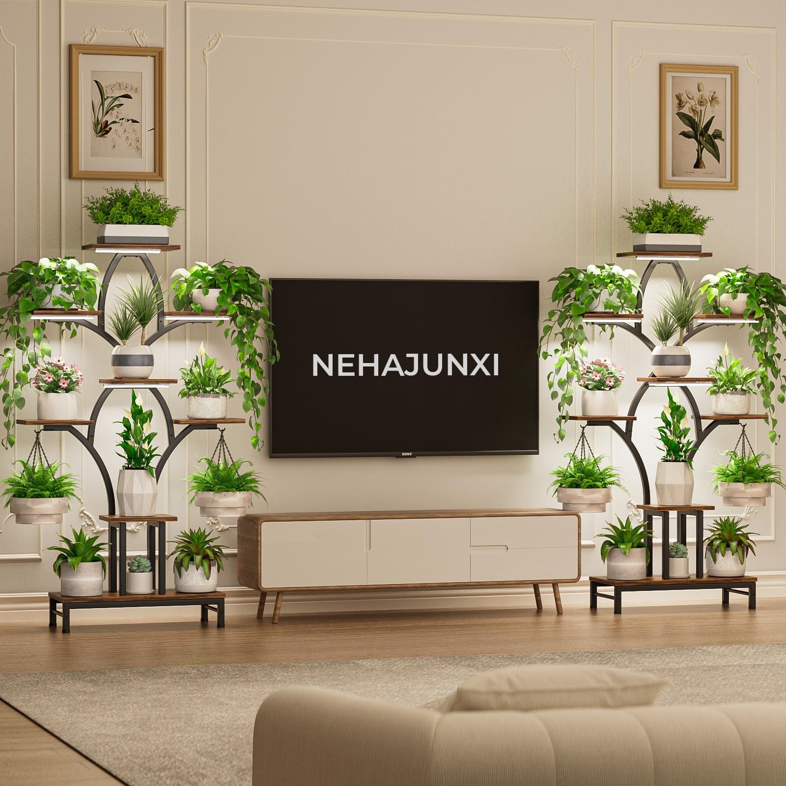 NEHAJUNXI Plant Stand Indoor with 4 Grow Lights - 63" Tall Plant Shelf- 8 Tie...