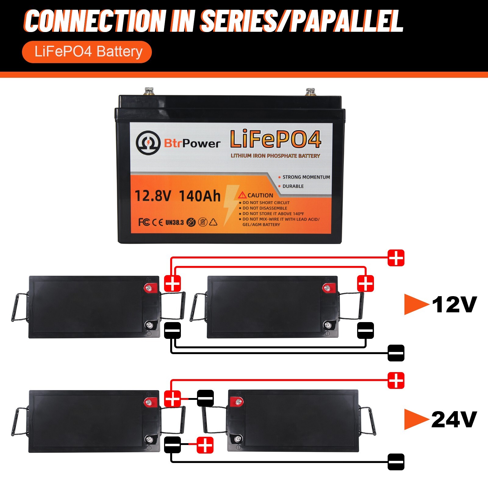 12V 140Ah LiFePO4 Lithium Iron Phosphate Battery for Deep Cycle RV Solar System