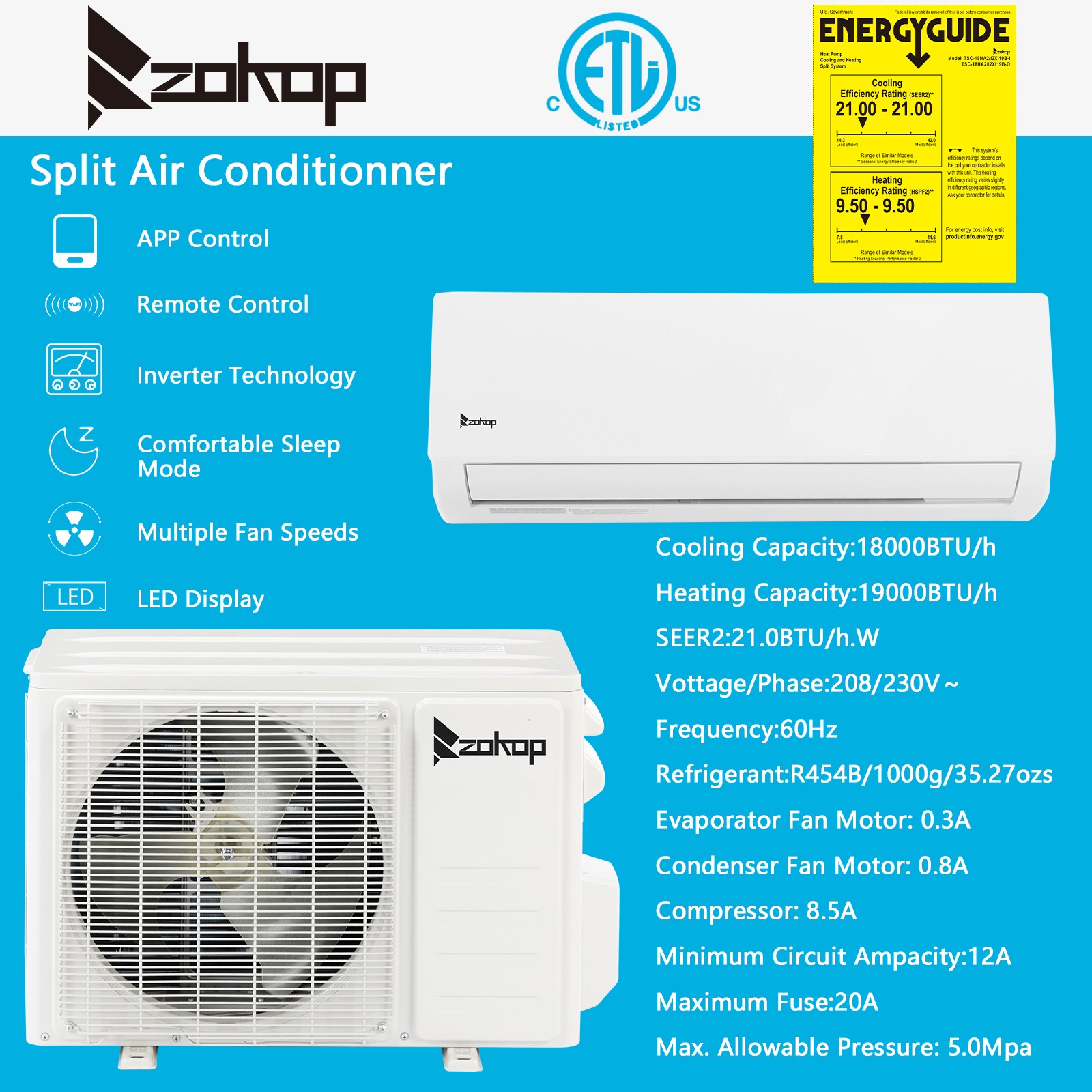 ZOKOP 18,000 BTU Mini Split Air Conditioner & Heater Ductless Inverter 21 SEER2