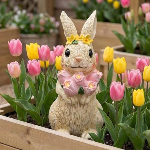 Solar Garden Rabbit Statue with Flowers & 5 LED Lights - Outdoor Yard Decor, Uni