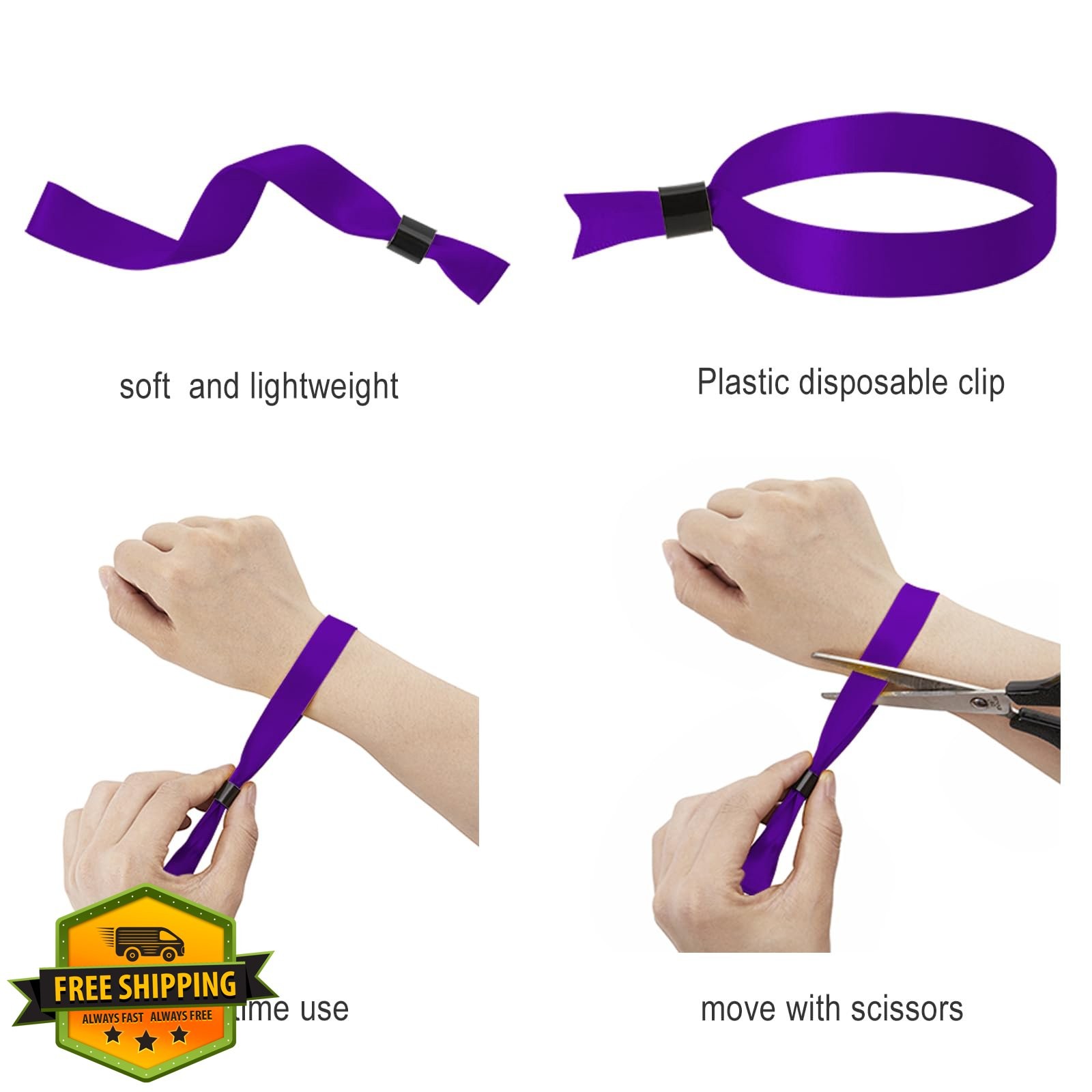 100 Purple Event Wristbands Fabric Snap Secure Disposable 13.78"x0.59"