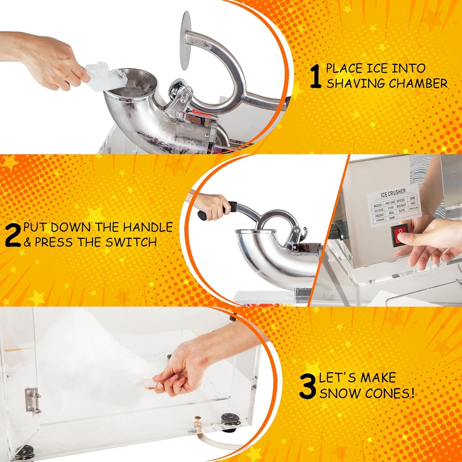 VNN 500LBS/H Commercial Snow Cone Machine Electric Ice Shaver Ice Crusher 48L