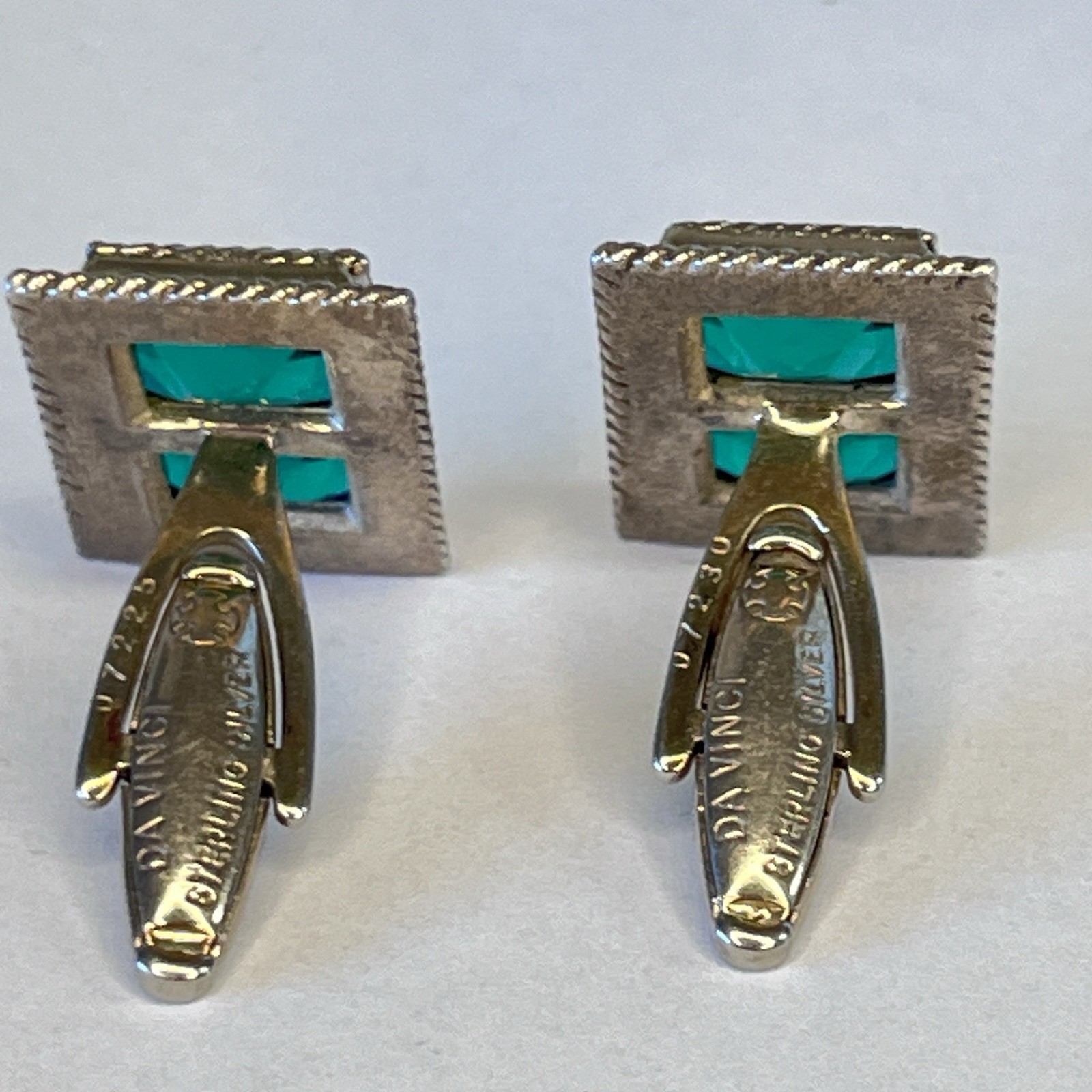 925 Sterling Silver Vintage Cuff Links DA VINCI Green Emerald cut Crystal slx