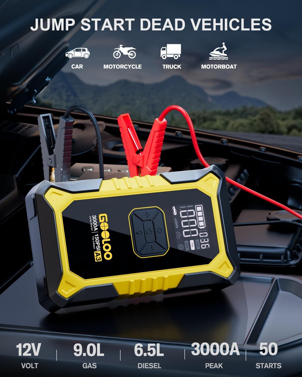 GOOLOO A3 Jump Starter with Air Compressor 3000A Portable Car Battery Booster