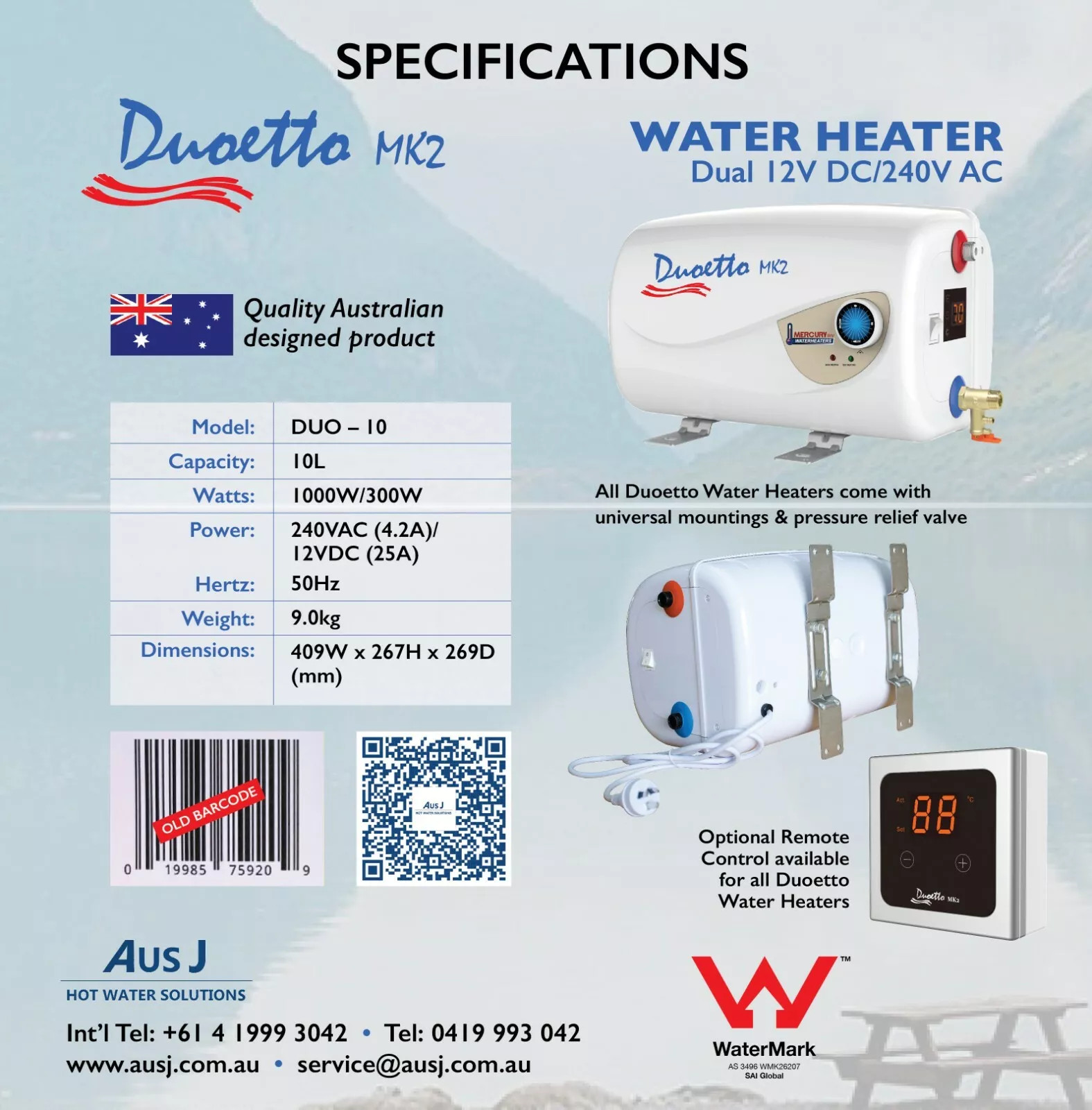 Duoetto MK2 Digital Dual Voltage (12v/240v) Electric 10L Storage Water Heater