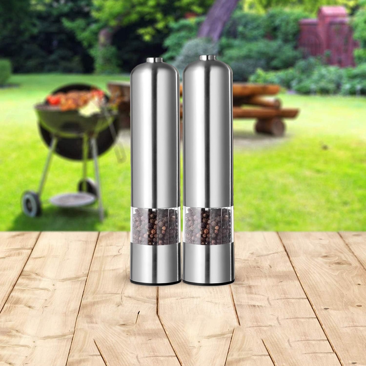 2x Electric Pepper Mill Salt And Pepper Grinder Stainless Steel One Touch Button