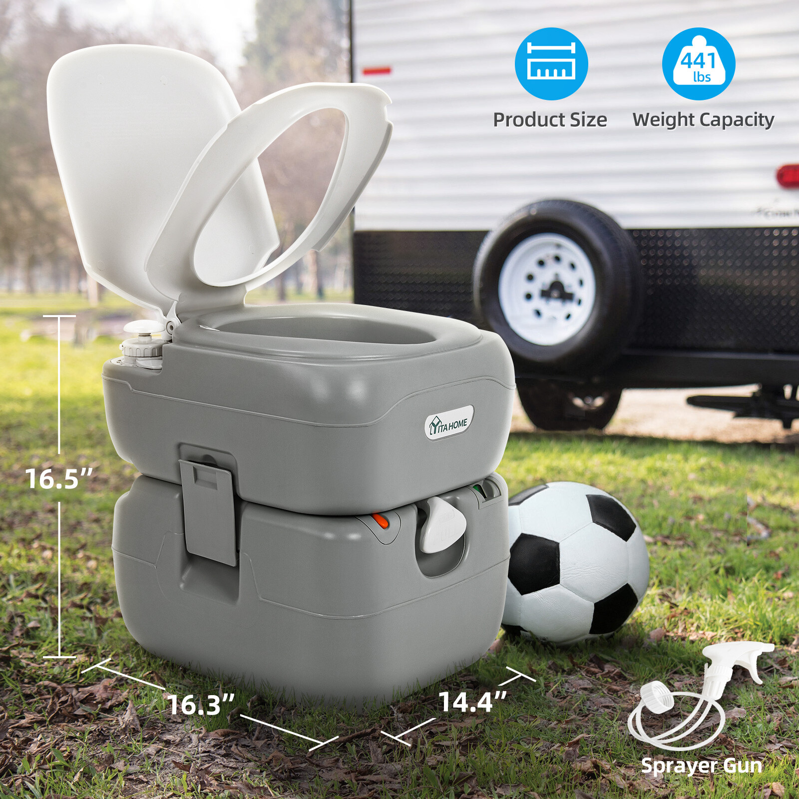 Portable Travel Toilet 5.8 Gallon RV Porta Potty W/Level Indicator Hand Sprayer