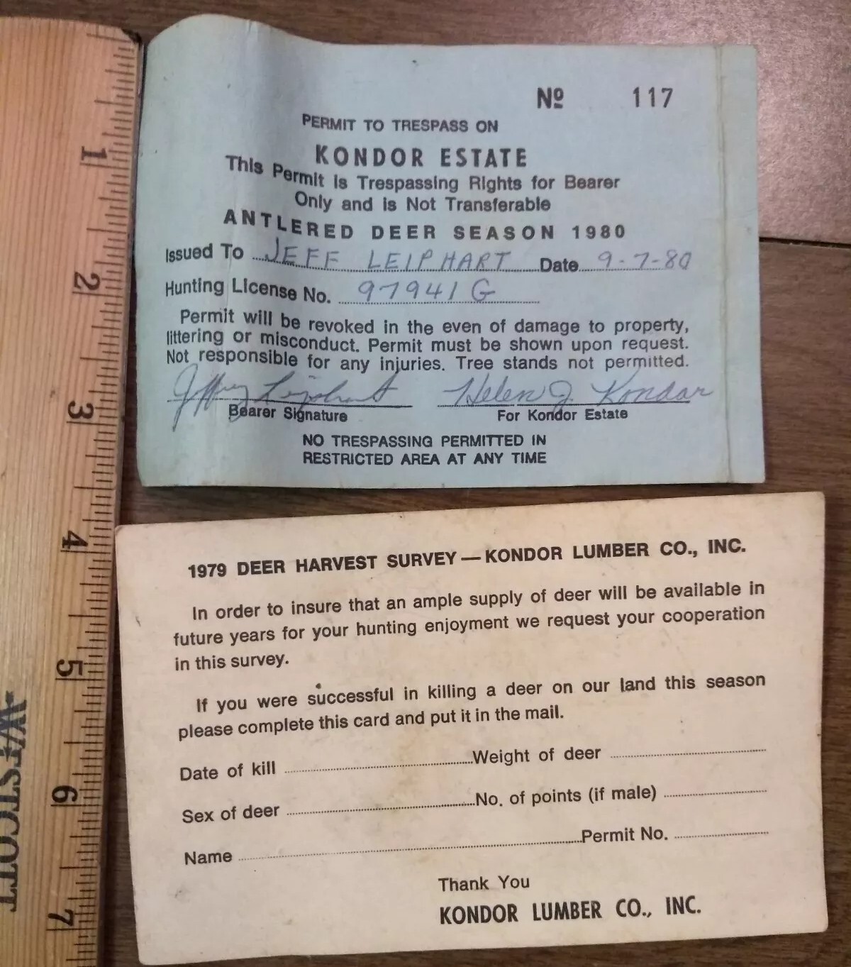 vintage hunting permit lot KONDOR estate 1980 trespassing antlered deer York Pa