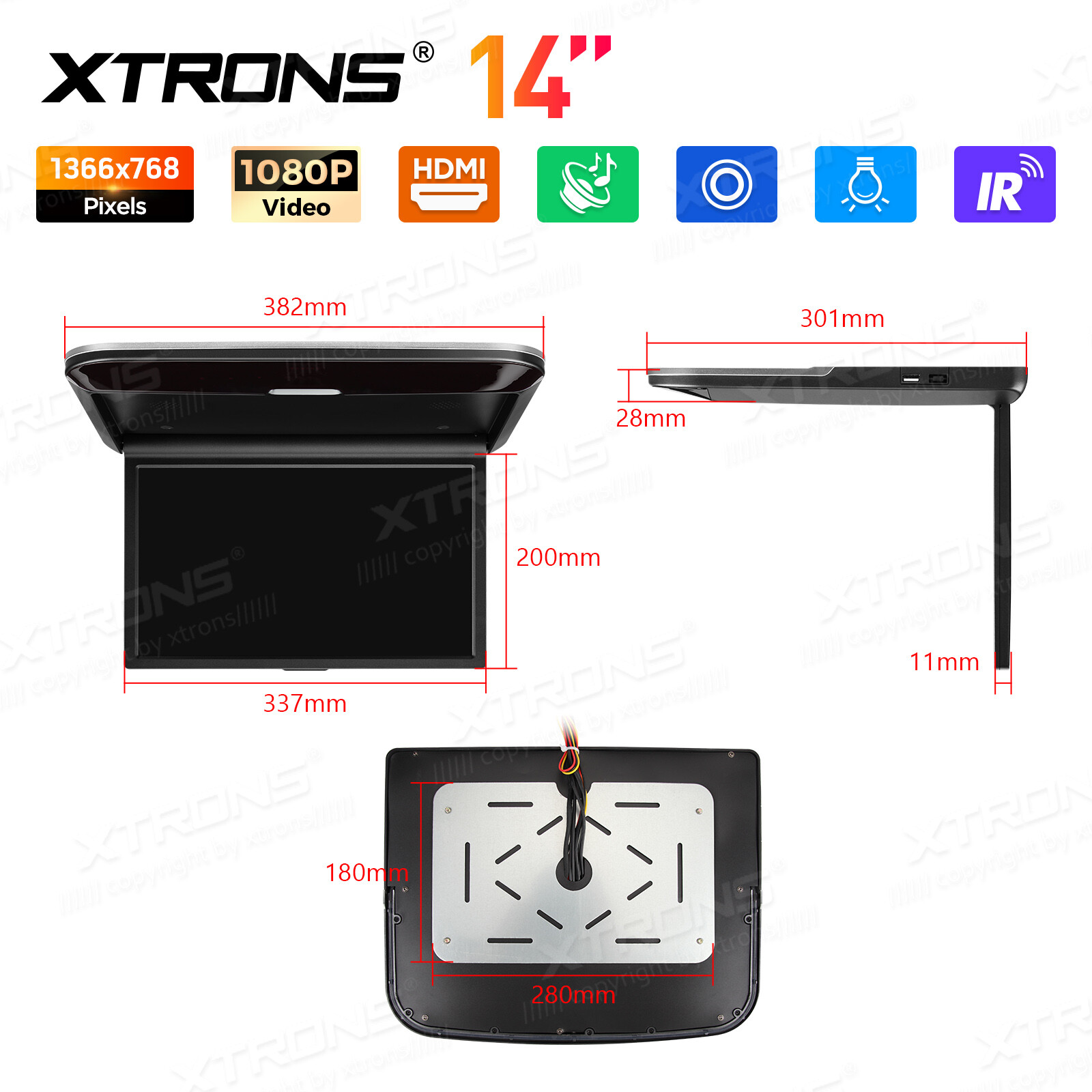 14" FHD Car TV Roof Flip Down Monitor 1080P Video Stereo Speakers HDMI AV-IN FM