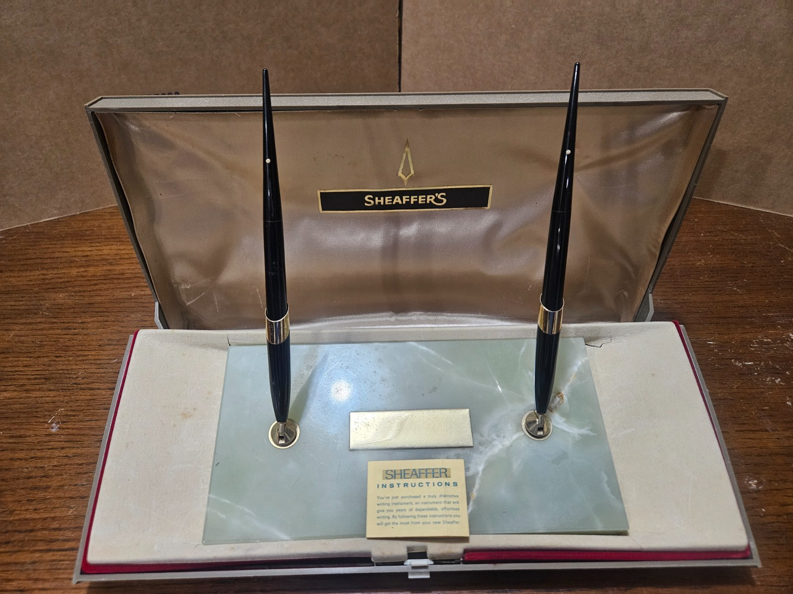 Sheaffer Fountain  Pen Desk Set White Dot Chrome Black 14k used