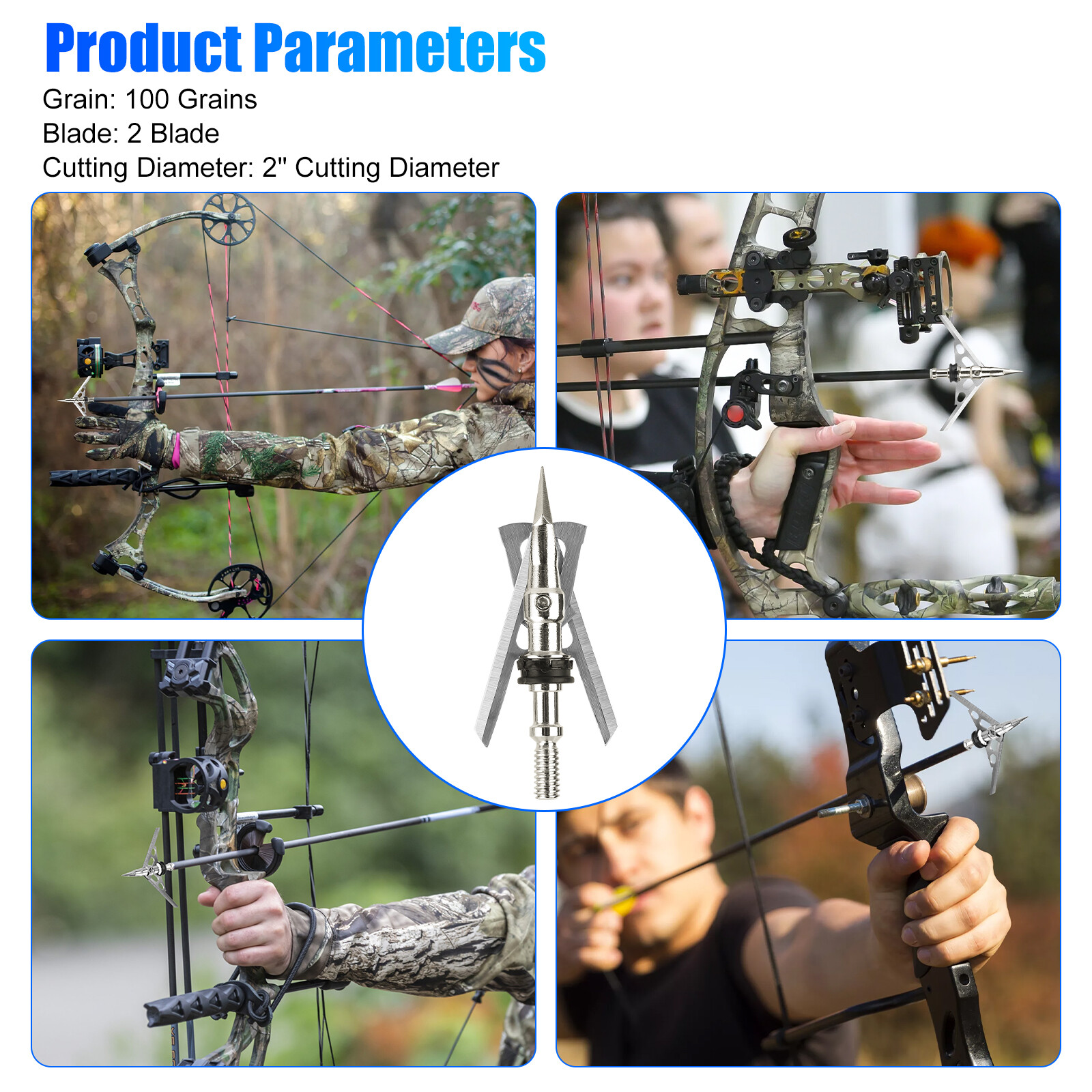 24Pcs 100 Grain Archery Broadheads 2" Dia Expandable Hunting Arrowhead w/2 Blade