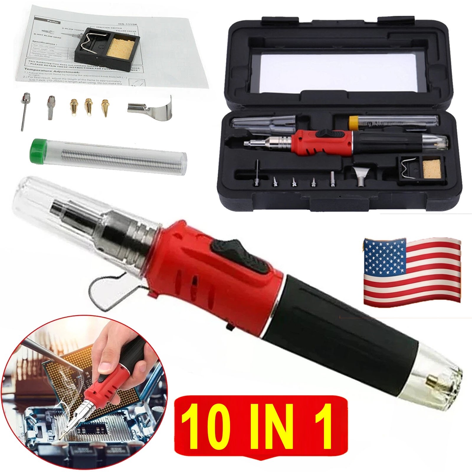 HS-1115K 10 IN 1 Portable Butane Gas Solder Iron Kit Welding Set Torch Pen Tools