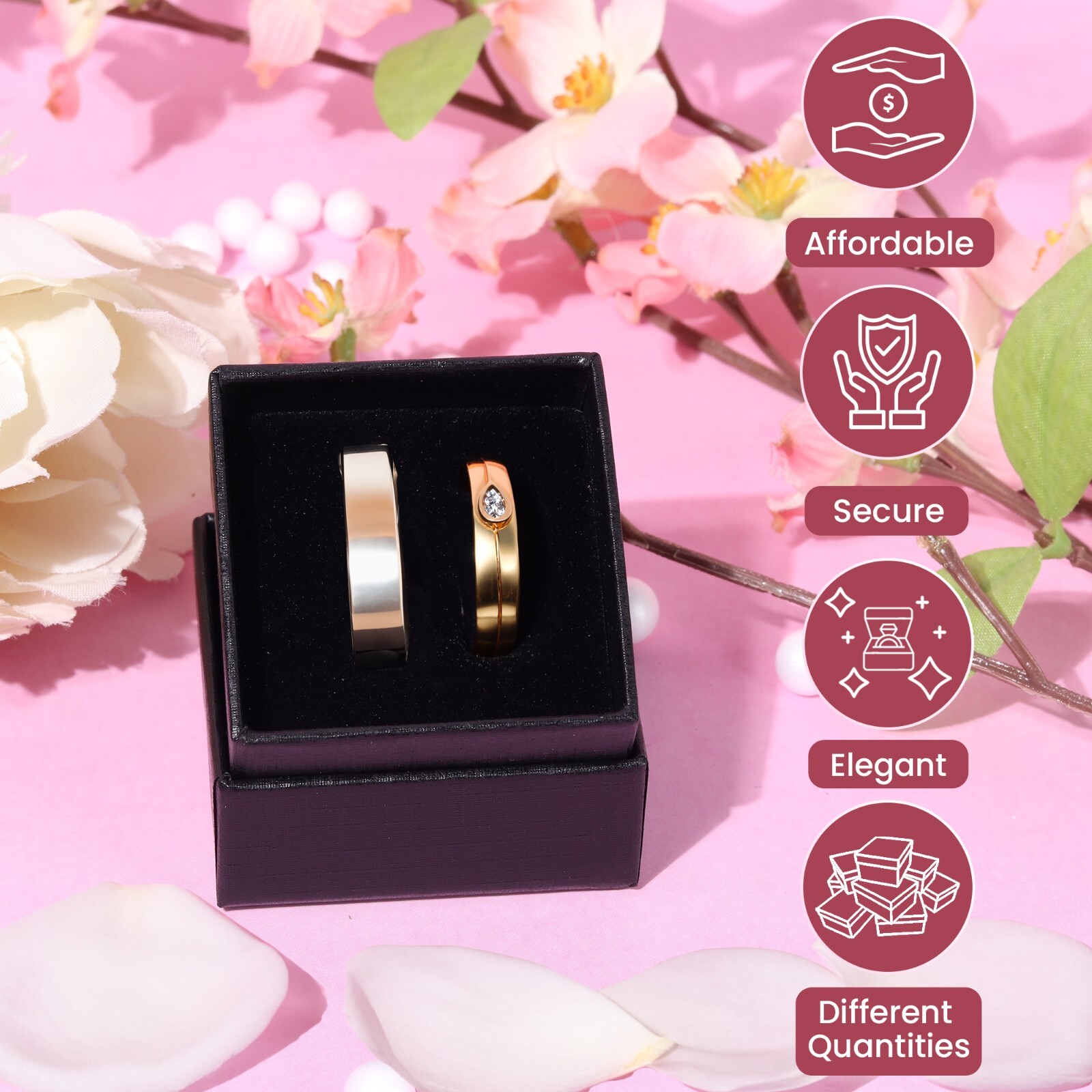 Wholesale Black Ring Gift Box with Foam and Velvet Insert 1.5 x 1.5 x 1.25 Inch