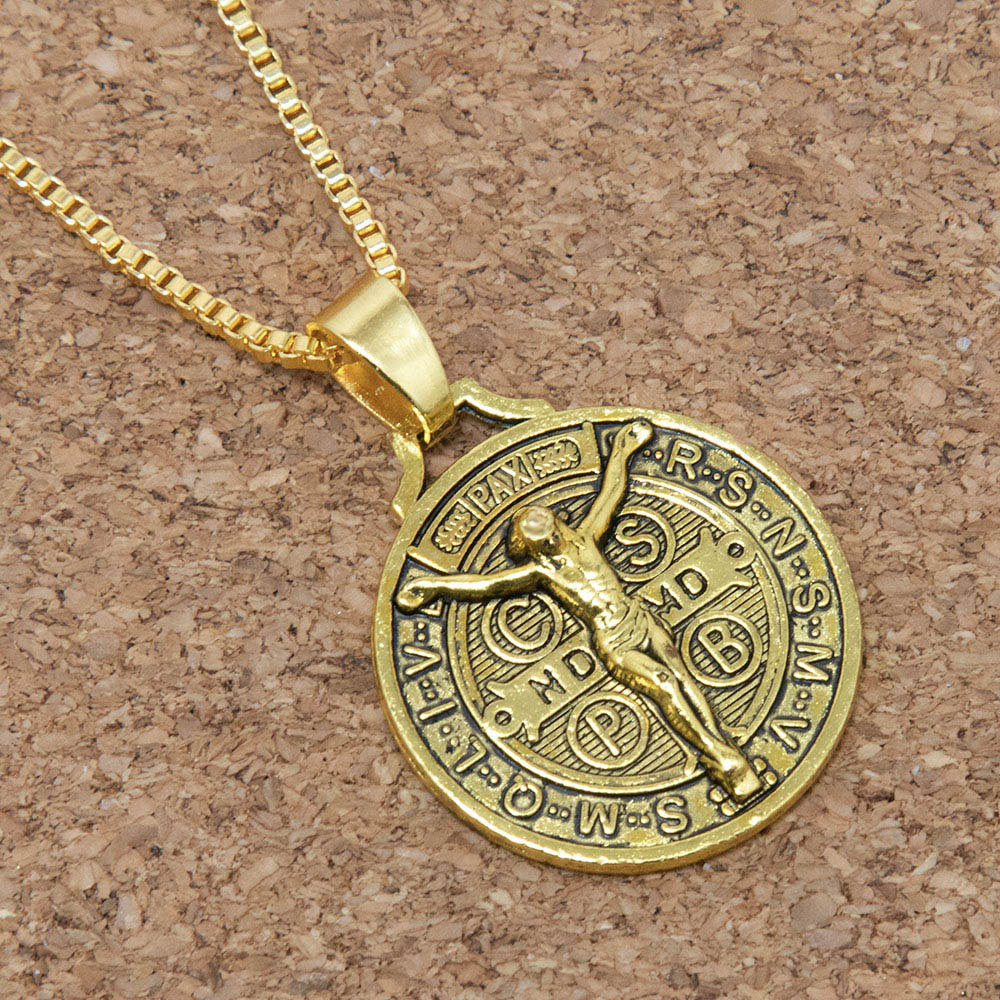 Gold Jesus Crucifix Saint St Benedict Medal Cross Pendant Necklace 24" Box Chain