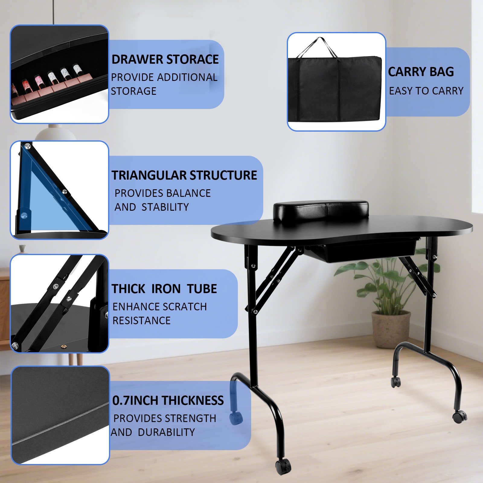 Black Portable Manicure Table Folding Nail Desk Beauty Salon Spa w/Wheels & Bag