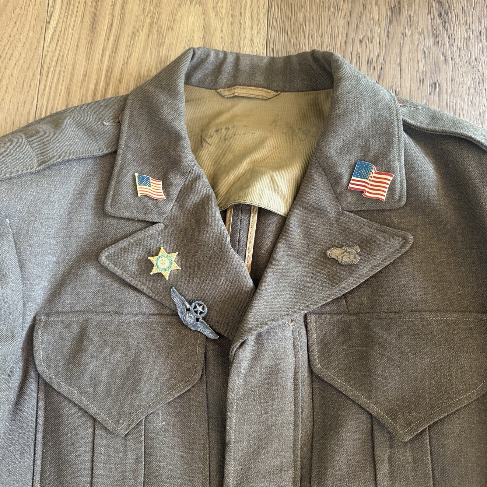 Vintage WWII US Army Eisenhower Ike Jacket Mens Small Wool Drab Olive Pins 1940s