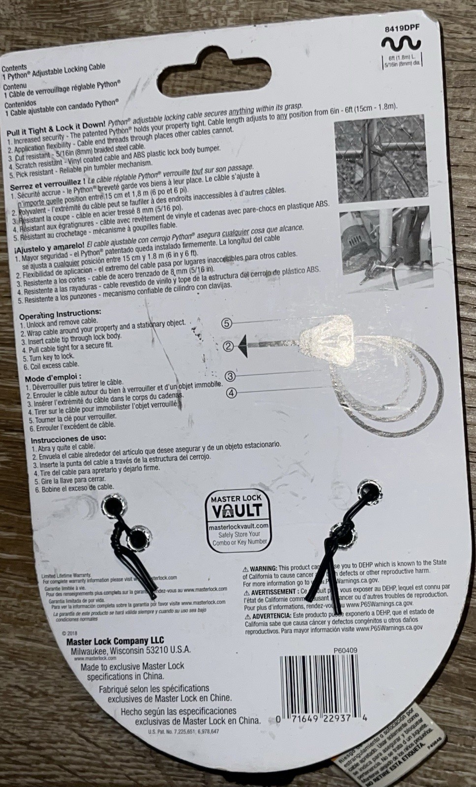 Master Lock 8419DPF Cable Lock Python Adjustable Keyed 6 feet Long Black Unused