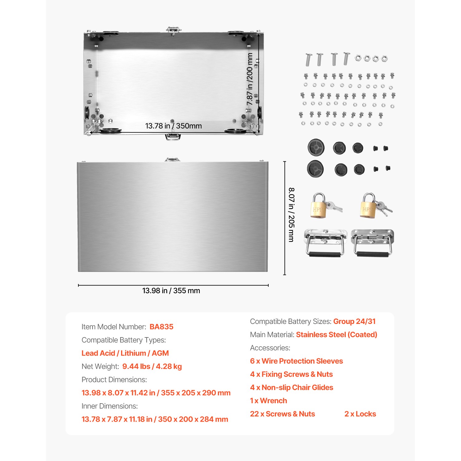 Battery Box Group 24/31 Stainless Steel Shell for Cars & Trolling Motors