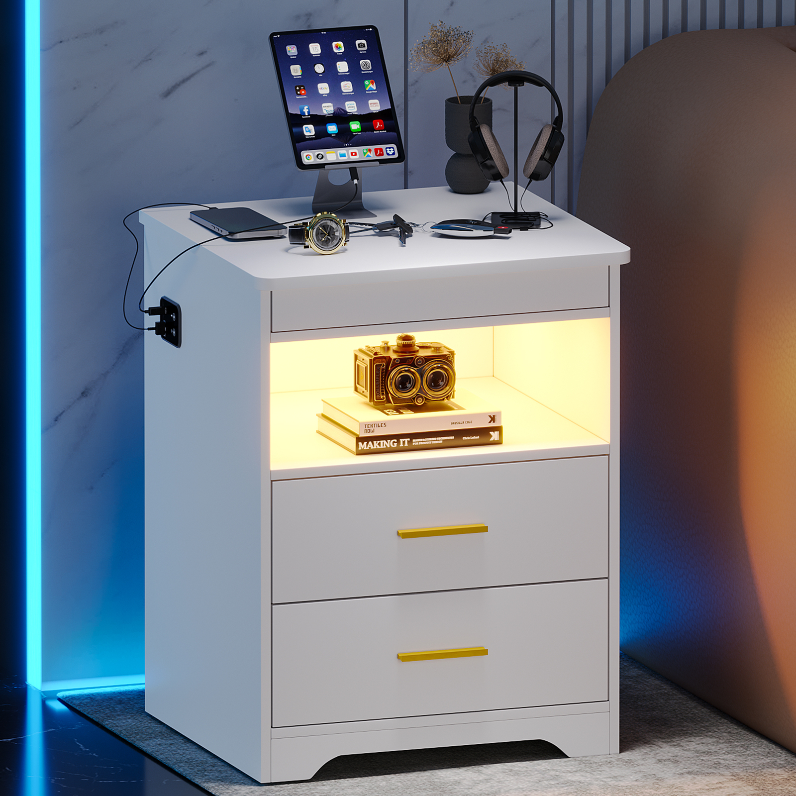 Night Stand with Gun Drawer Charging Bedside Table with USB & Type-C Port
