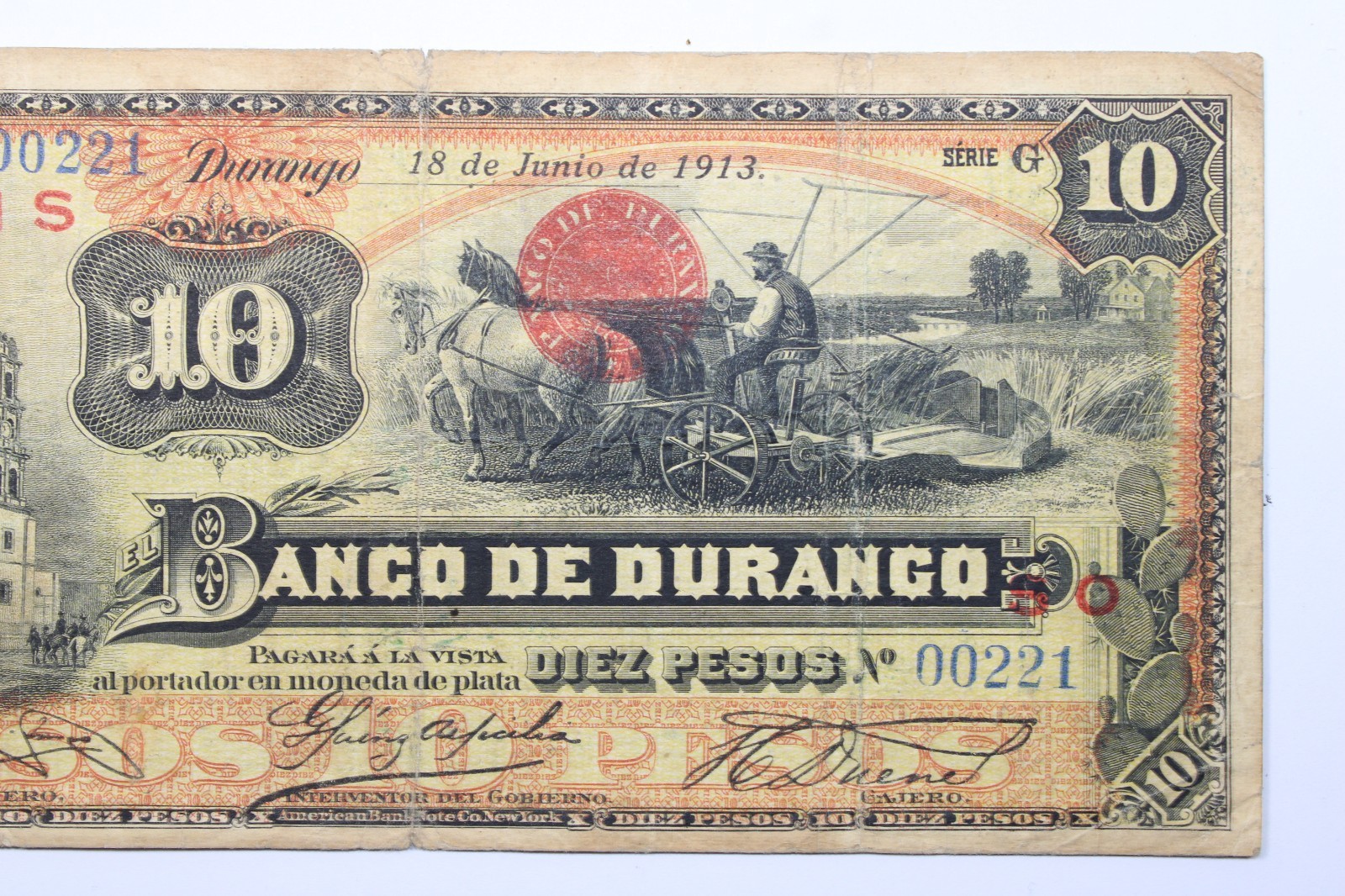 1913 Mexico / Durango 10 Pesos Series G Circulated Banknote # 0439