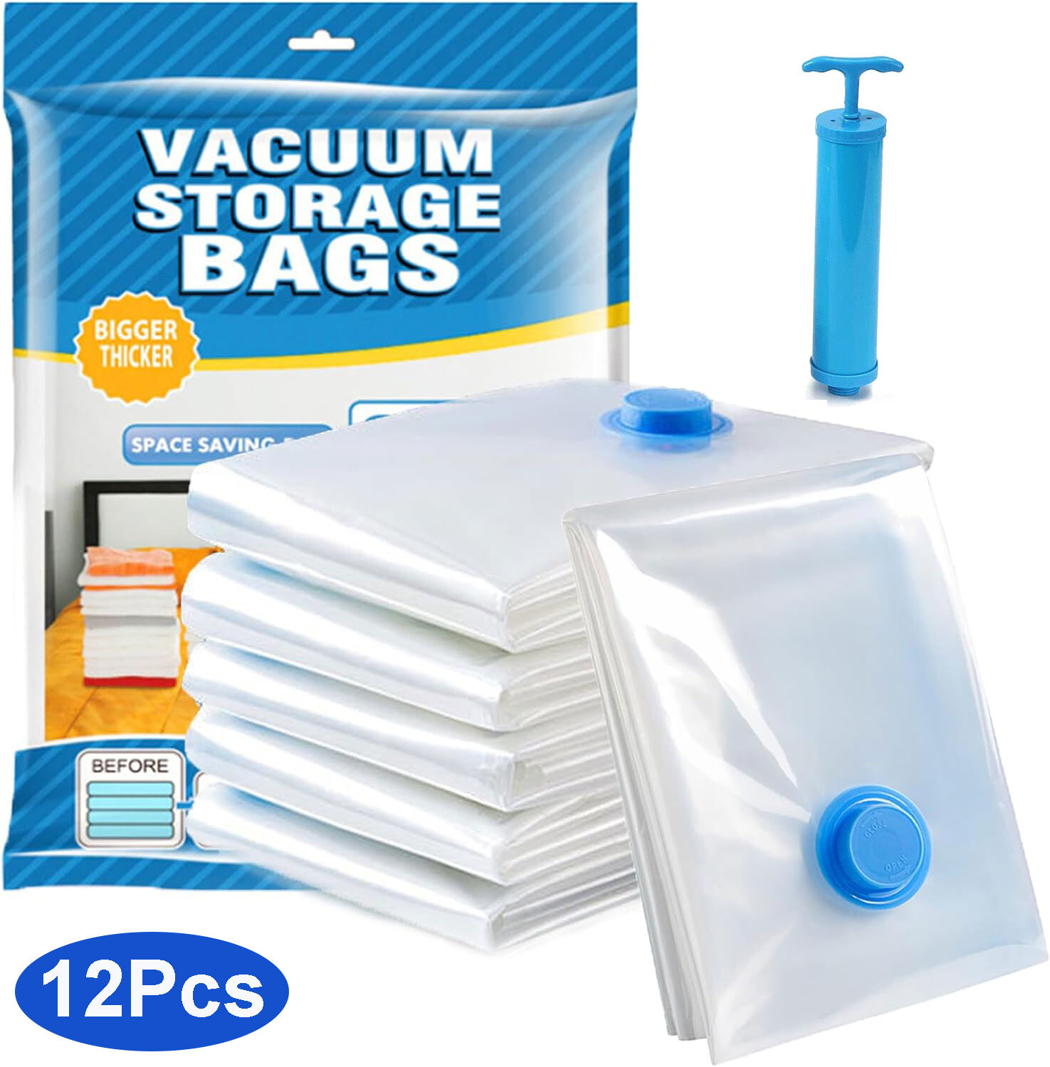 12Pcs Vacuum Storage Bags - 2 Jumbo, 5 Large, 5 Medium - Space Saver+Hand Pump