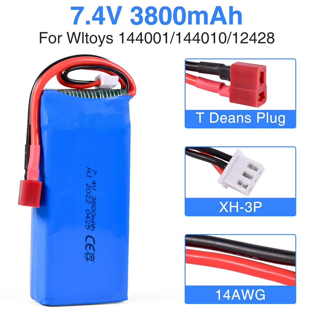 2pcs 7.4v 3800mah Rc 2s Lipo Battery T Plug For Wltoys 144001 144010 124016