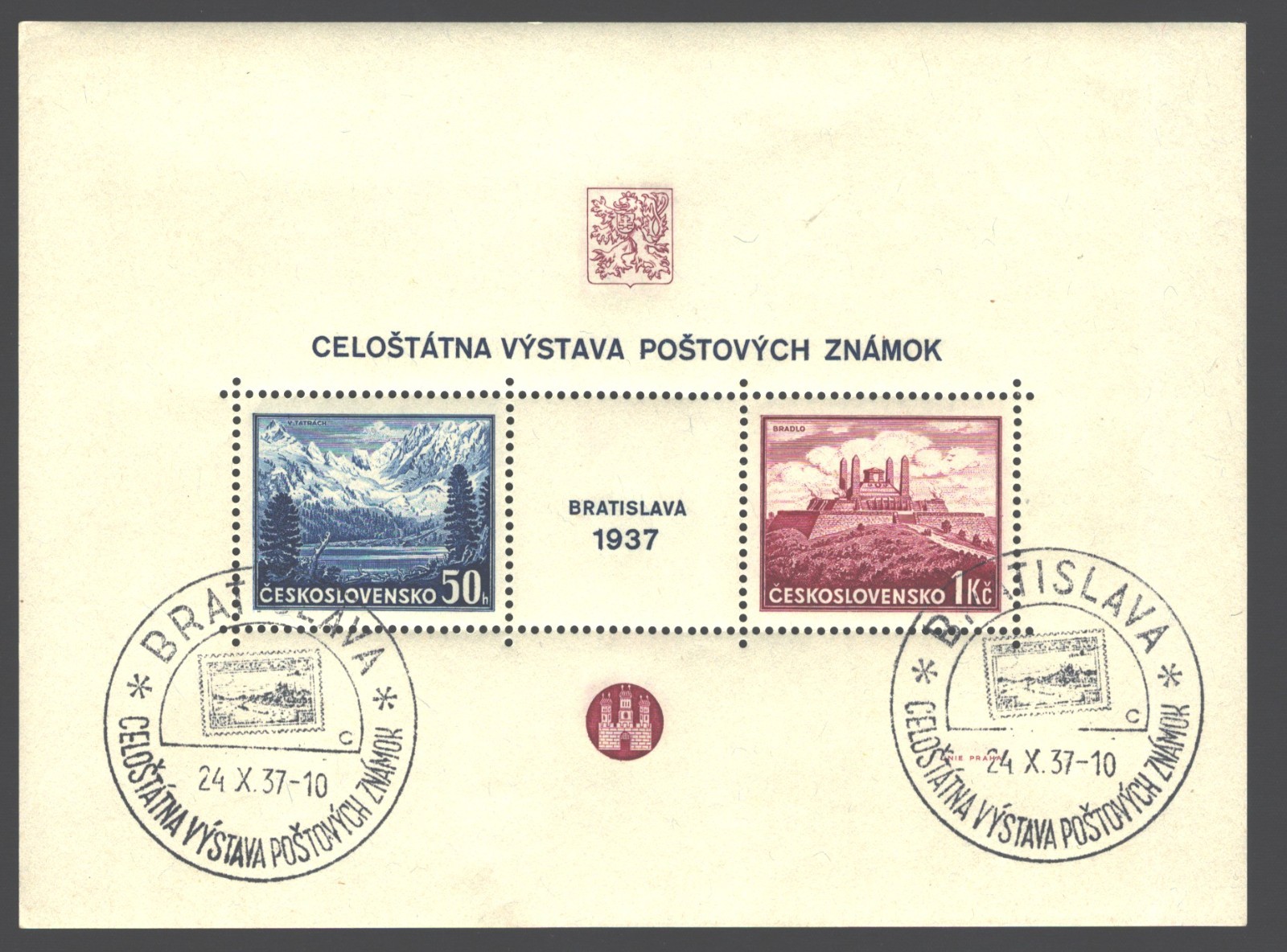 Tchecoslovaquie , Czechoslovakia  1937 Stamps Exhibition Bratislava , s/s , used